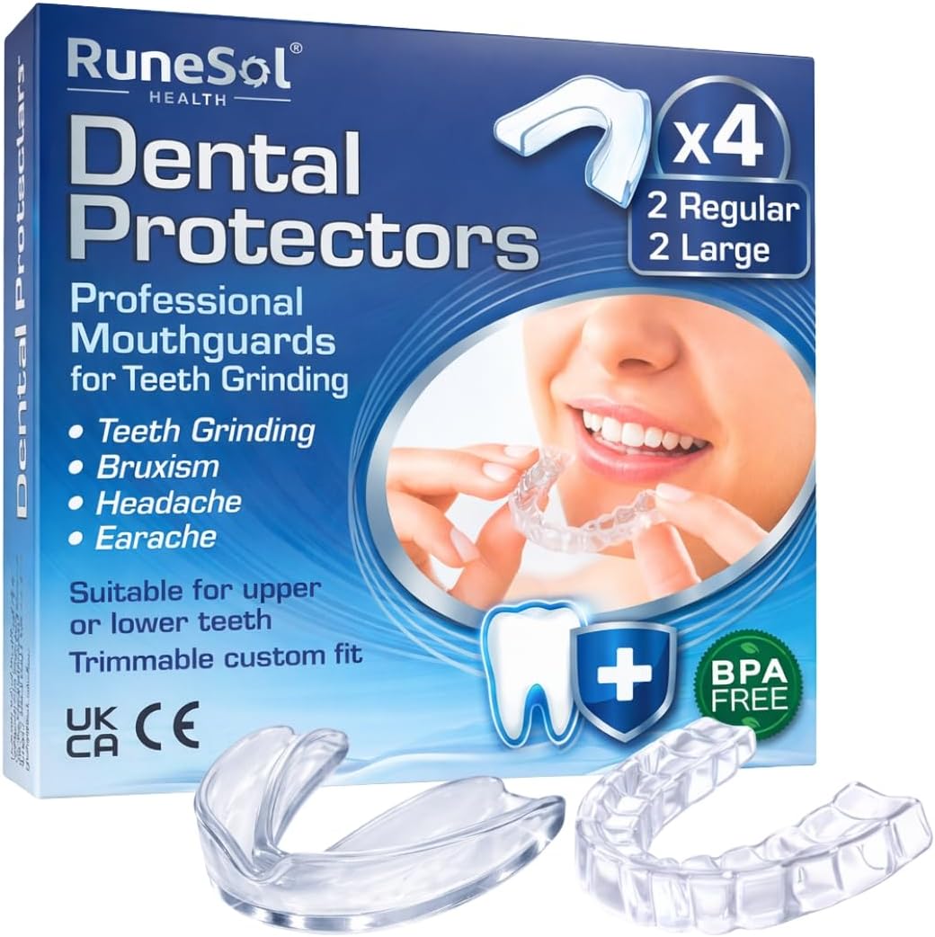 Runesol ferula descarga bruxismo, 4 x Normal, ferula dental bruxismo, protector bucal para dormir, ferulas de descarga para bruxismo, ferula dental noche, funda dientes, felulas Bucales dentales