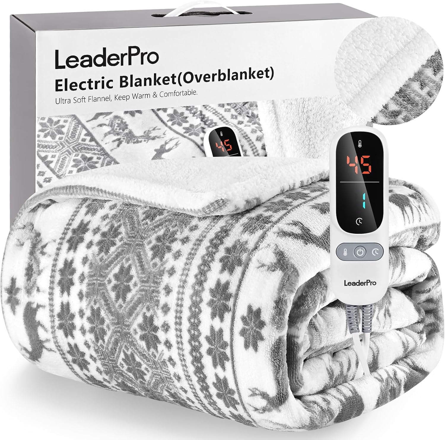 LeaderPro Manta Eléctrica con 6 Ajustes de Calor, Apagado Automático 1-9 Horas,Manta Termica de Calefacción Rápida, Prevención de Sobrecalentamiento, Lavable, Diseño Navideño(180 x 160 CM,Gris)