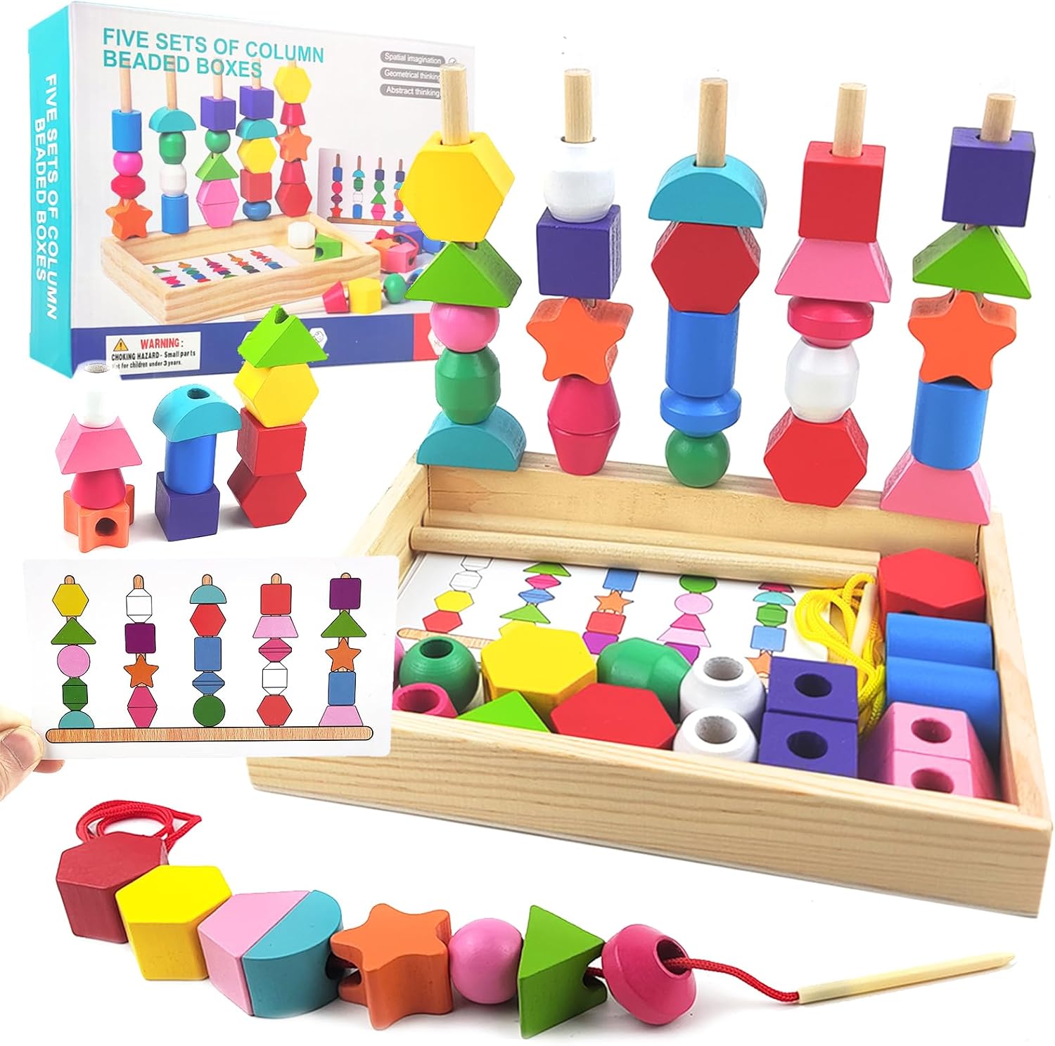 Juguetes Montessori de Madera 3 en 1 - Clasificación, Apilamiento y Enhebrado - Juego Educativo para Niños 2 3 4 Años con Tarjetas y Caja de Almacenamiento (A)