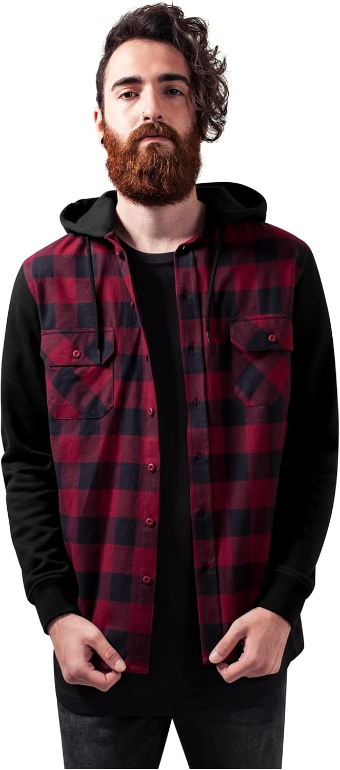 Urban Classics A Cuadros Franela con Capucha Hombre Camisa de Franela Negro/Rojo Regular