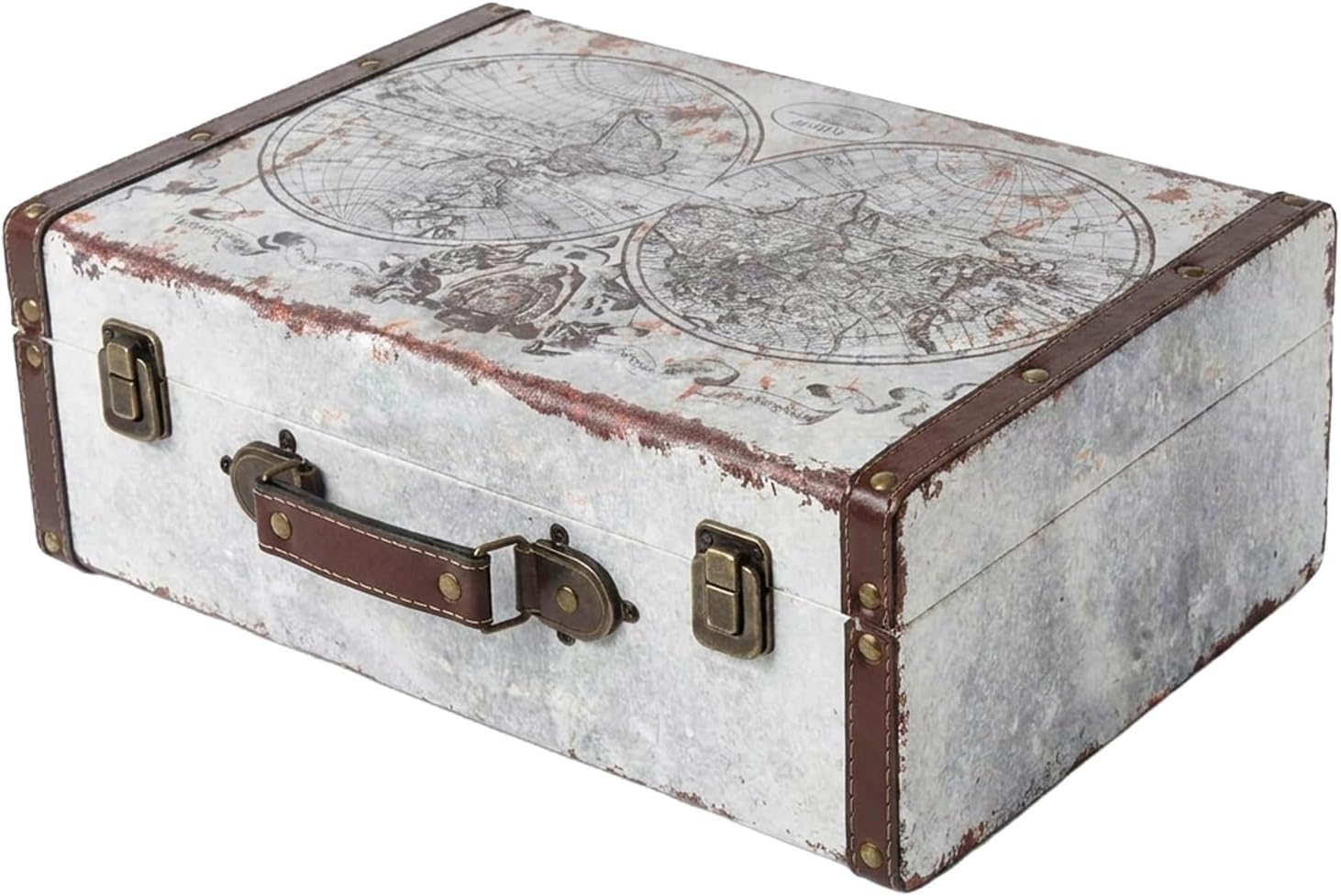 HMF Maleta decorativa vintage de madera con tapa y asa de cuero, caja de almacenamiento elegante e idea de regalo para boda o cumpleaños | Mapa del mundo en color | 38 x 26 x 13 cm