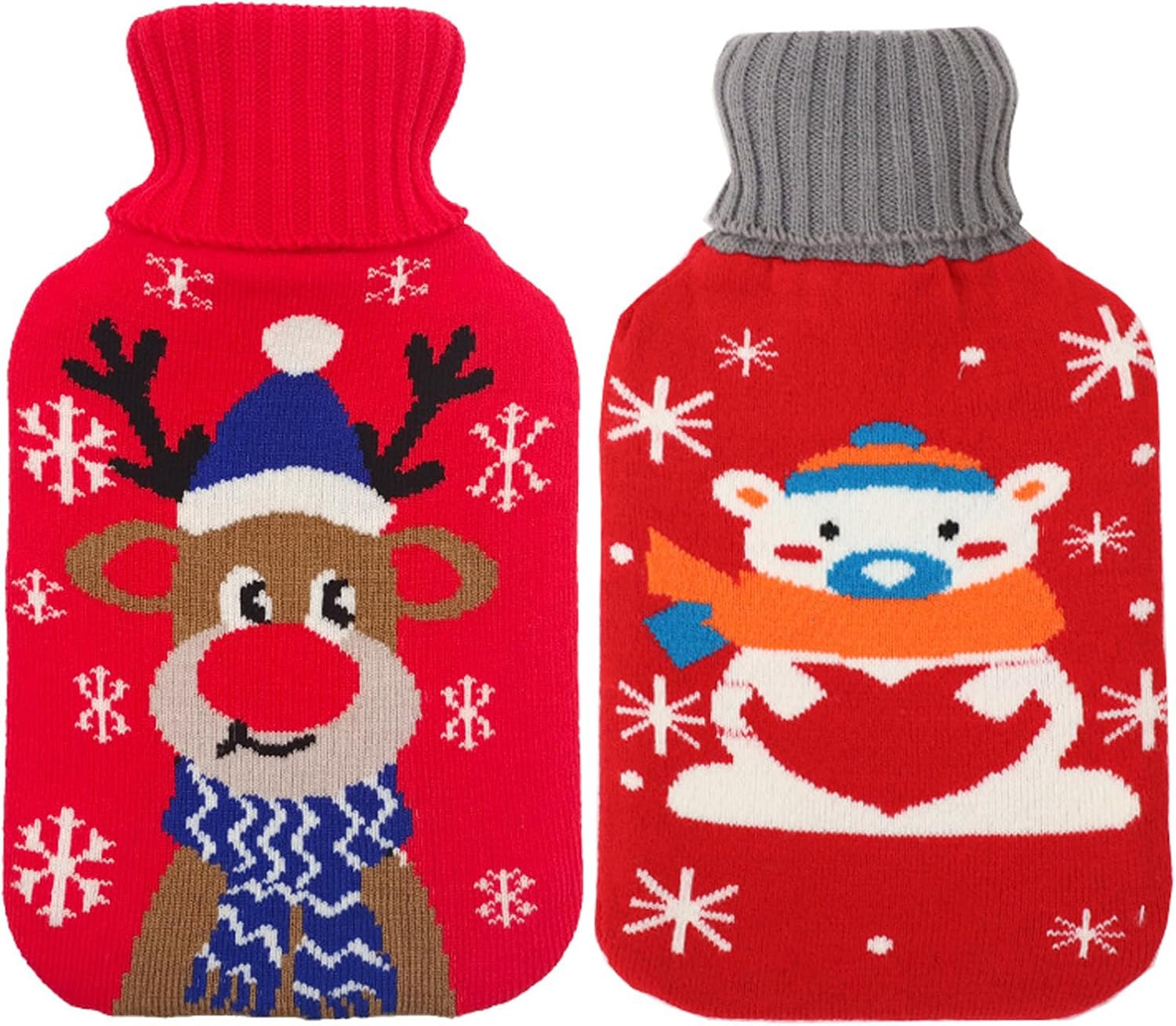 2 Piezas Bolsa de Agua Caliente, 1L Botella de Agua Caliente con Funda de Punto Extraíble Goma Agua Caliente Bolsa Bolsa de agua caliente extraíble y lavable para Noches Frías de Invierno