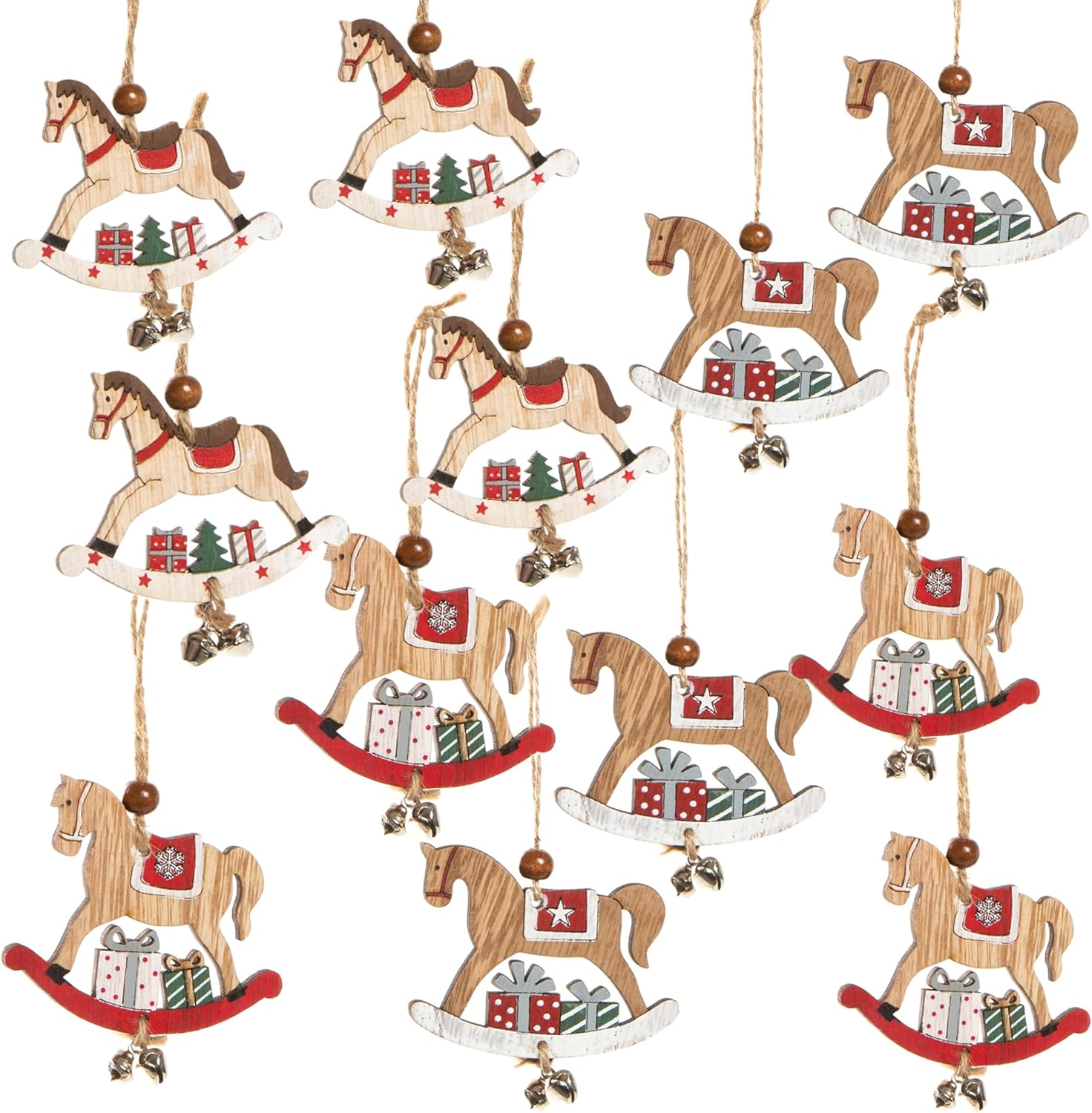 Colgantes navideños Madera, 12 Unidades: Adornos árbol de Navidad en Forma de Caballito balancín, Decoraciones rústicas con campanillas para Regalos, Coronas o Ramas, listos para Colgar, 8 x 6,5 cm