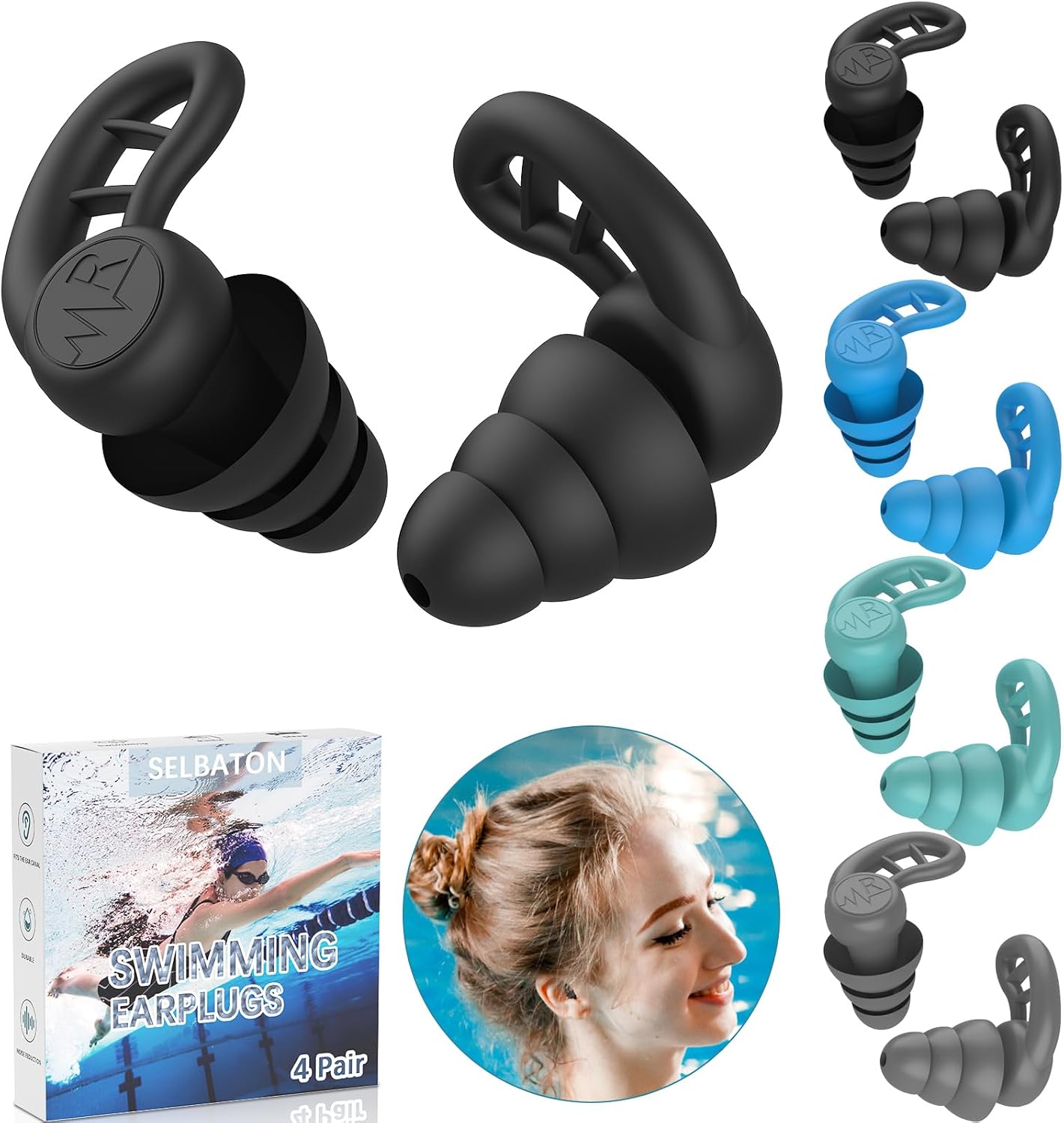 Tapones para los oídos de natación para adultos, 4 pares de tapones para los oídos de silicona reutilizables impermeables para natación, surf, ducha y piscina de agua