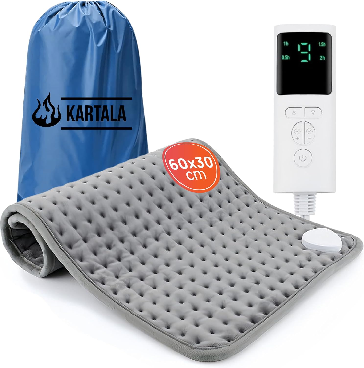 Super Pack Manta Térmica Lumbar Kartala 30×60 cm con Bolsa | Manta Eléctrica para Cuello, Espalda y Zona Lumbar | 9 Temperaturas, 4 Temporizadores | Lavable y Portátil