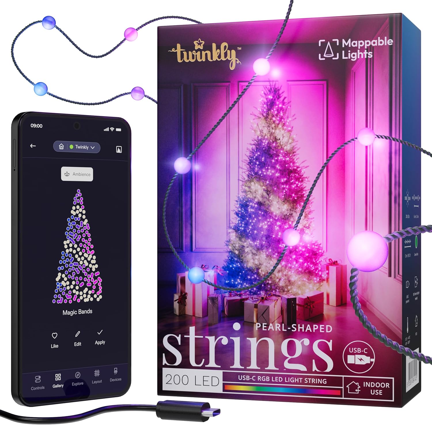 Twinkly Strings USB-C Pearls 200 LED, cadena de luz LED en forma de perla, luces de Navidad, luces LED RGB multicolor, LED asignables, compatible con Alexa, Google Home, alimentación USB-C, cable