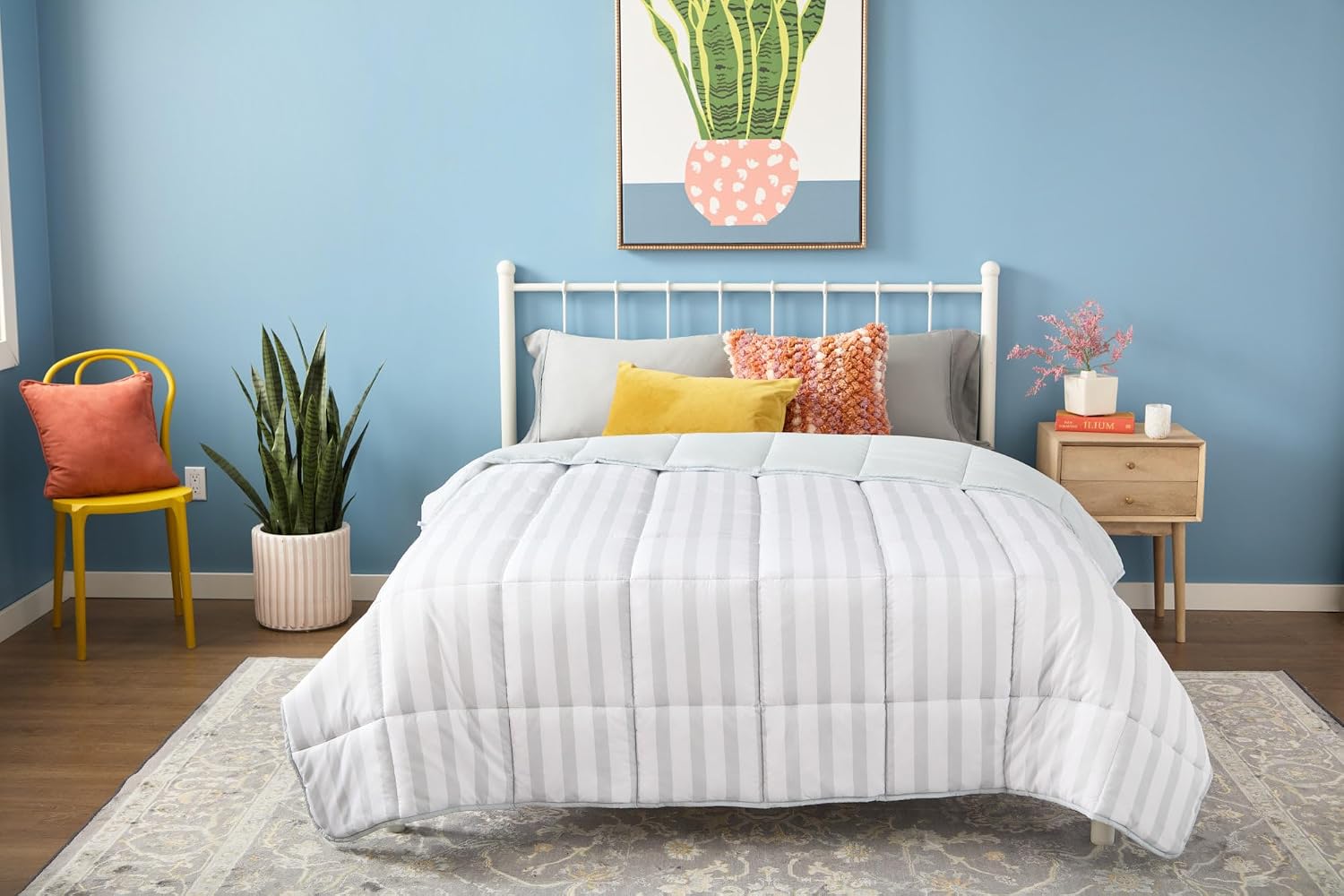 Linenspa Edredón nórdico de microfibra – relleno nórdico 4 estaciones – ultra suave – Edredon Cama 150 (220 x 240 cm), Gris / Rayas Blancas