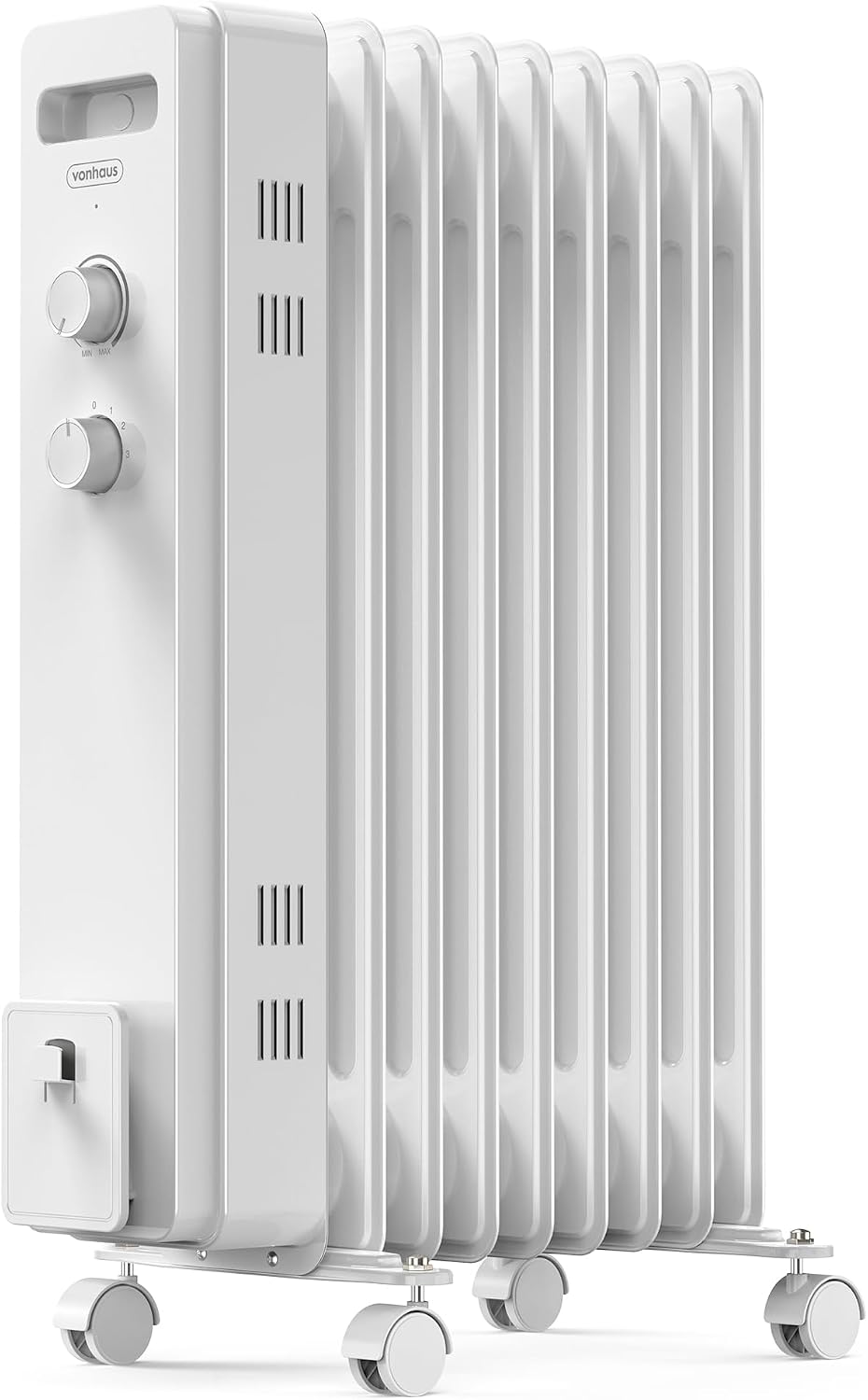 VonHaus Radiador Eléctrico de Aceite de 9 elementos – Calefactor Eléctrico Bajo Consumo Portátil 2000 W - Termostato Ajustable, 3 Niveles de Calor, 4 Ruedas, Cable 1,5 m (Blanco)