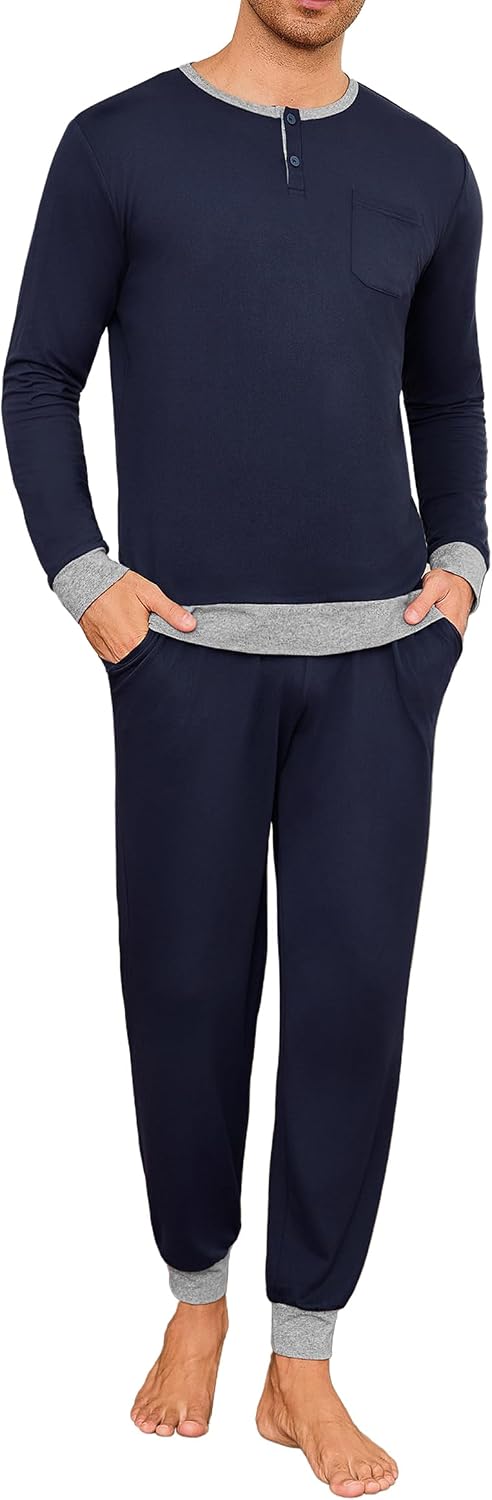 Pijamas Hombre Invierno Camisa Henley de Manga Larga Ropa de Dormir Sencilla en Color Liso Top y Pantalones Largos de Lounge con Bolsillos