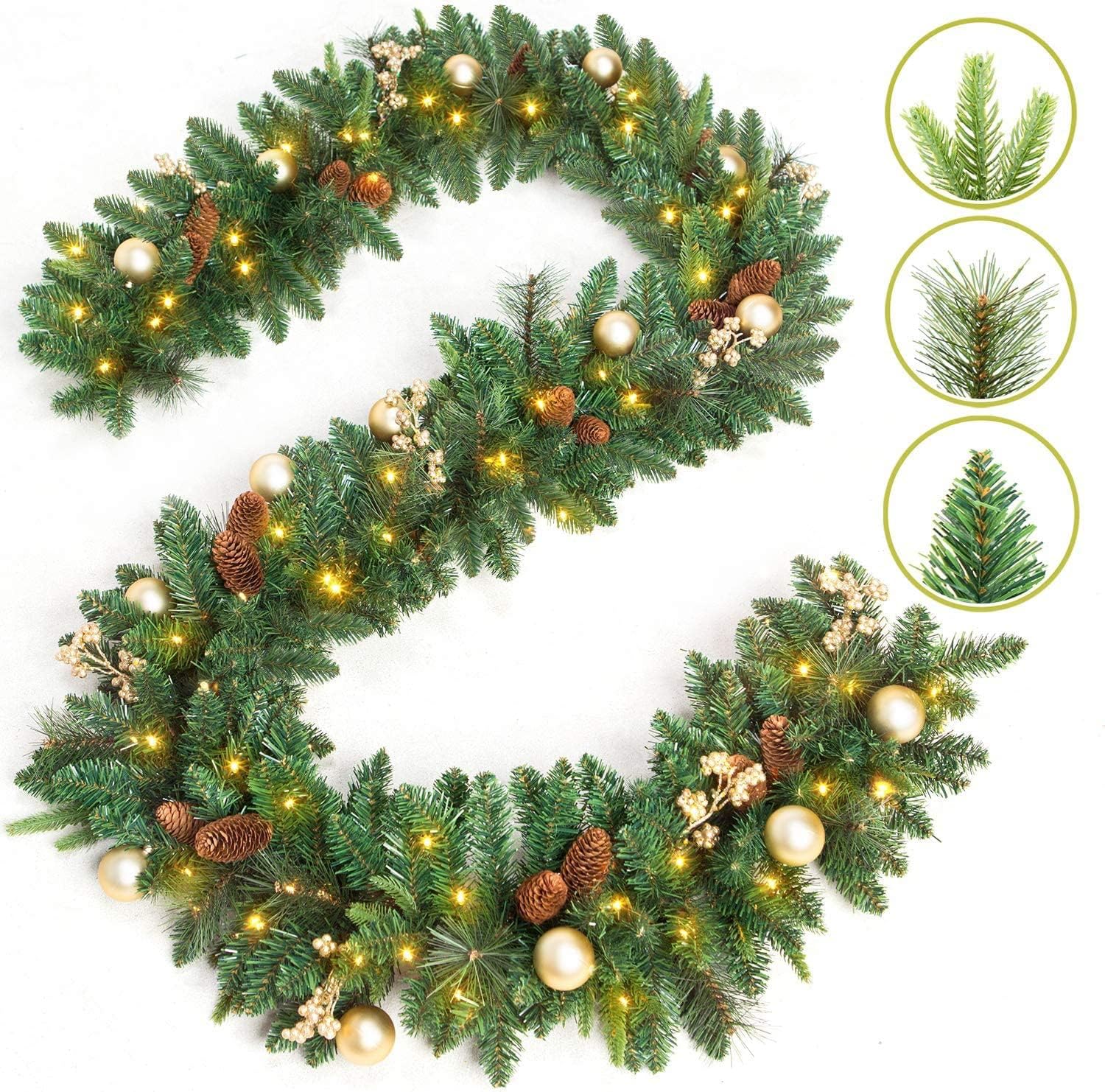 Queta Corona de Navidad artificial con 40 luces LED, funciona con pilas, 1,8 m, para decoración interior y exterior