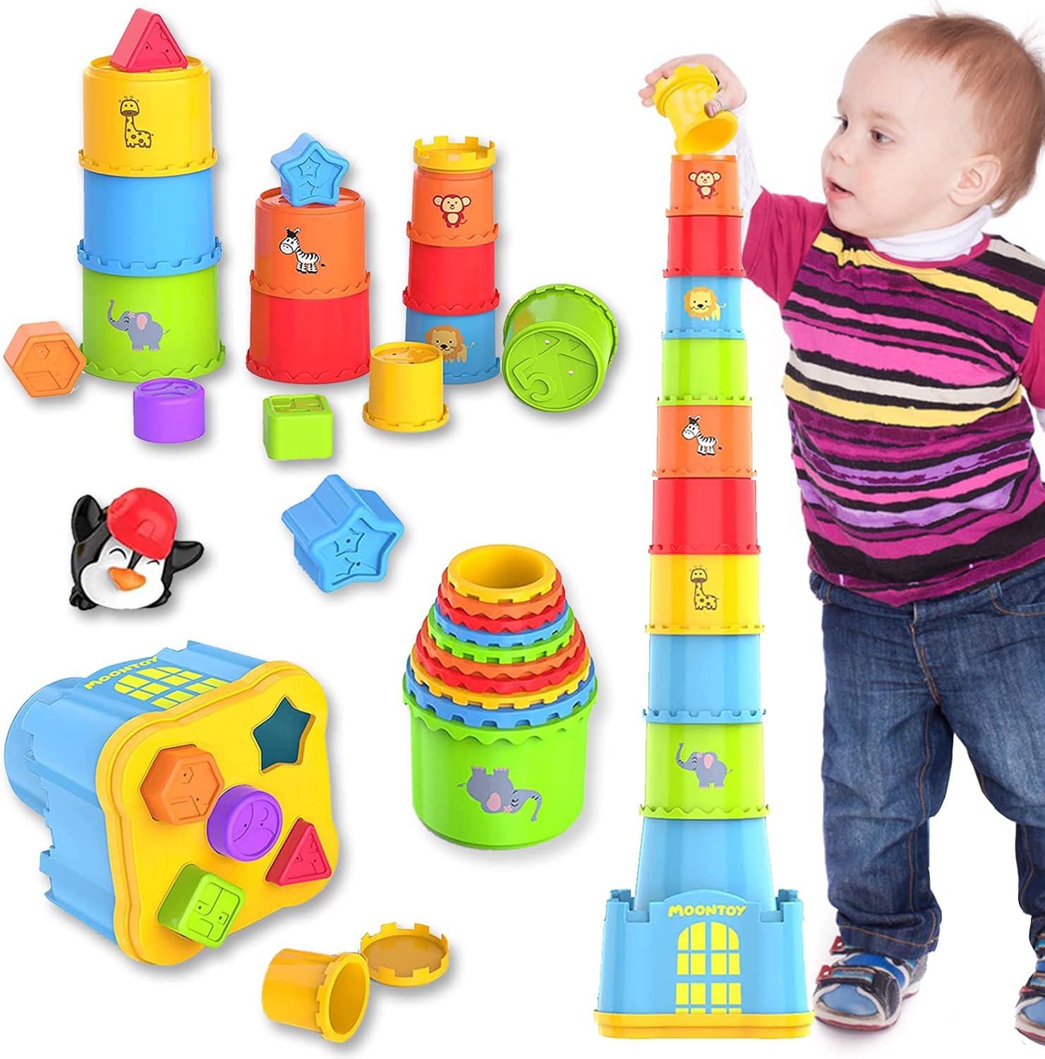 MOONTOY Cubos Apilables Bebés Niños 1 año,Juguete de Taza Apilable 19PCS,Montessori Juguetes Bebes 6-12 Meses,Apilable Educativo Juguetes,Regalos Cumpleaños Navidad para Niños Niñas 1 2 3 Años