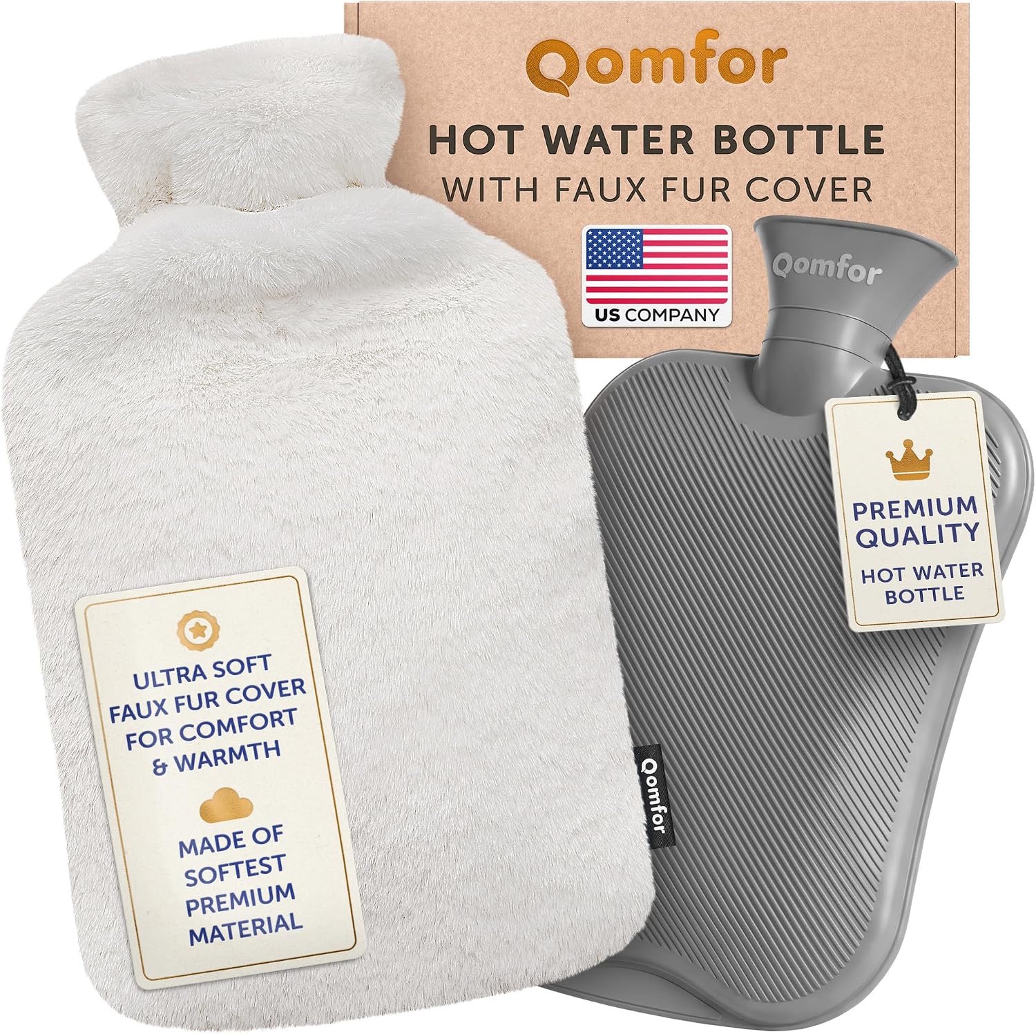 Qomfor Bolsa De Agua Caliente Con Funda - 1.8L - Bolsa Agua Caliente Para El Alivio Del Dolor De Espalda Y Para Noches Acogedoras - Gris Claro