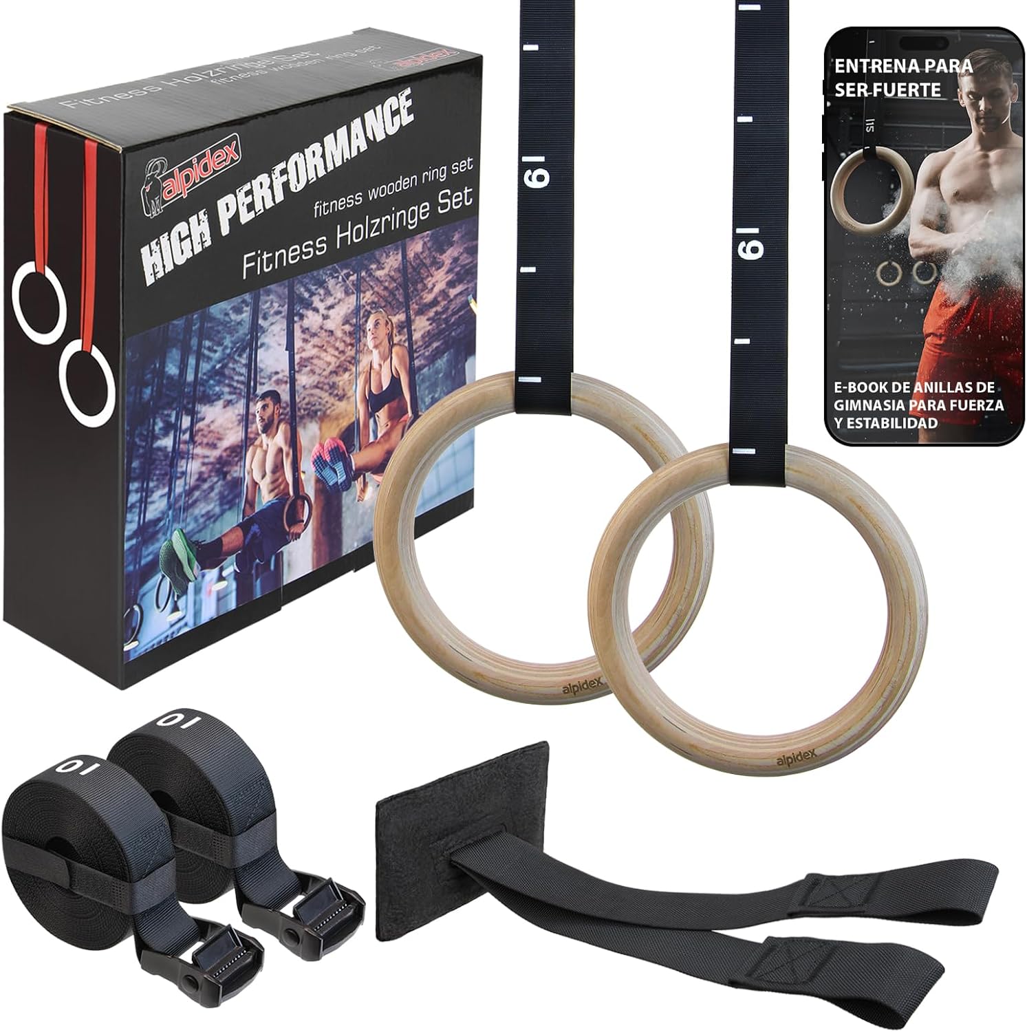 ALPIDEX Anillas Gimnasia Madera Gymnastic Rings Calistenia Anclaje Puerta