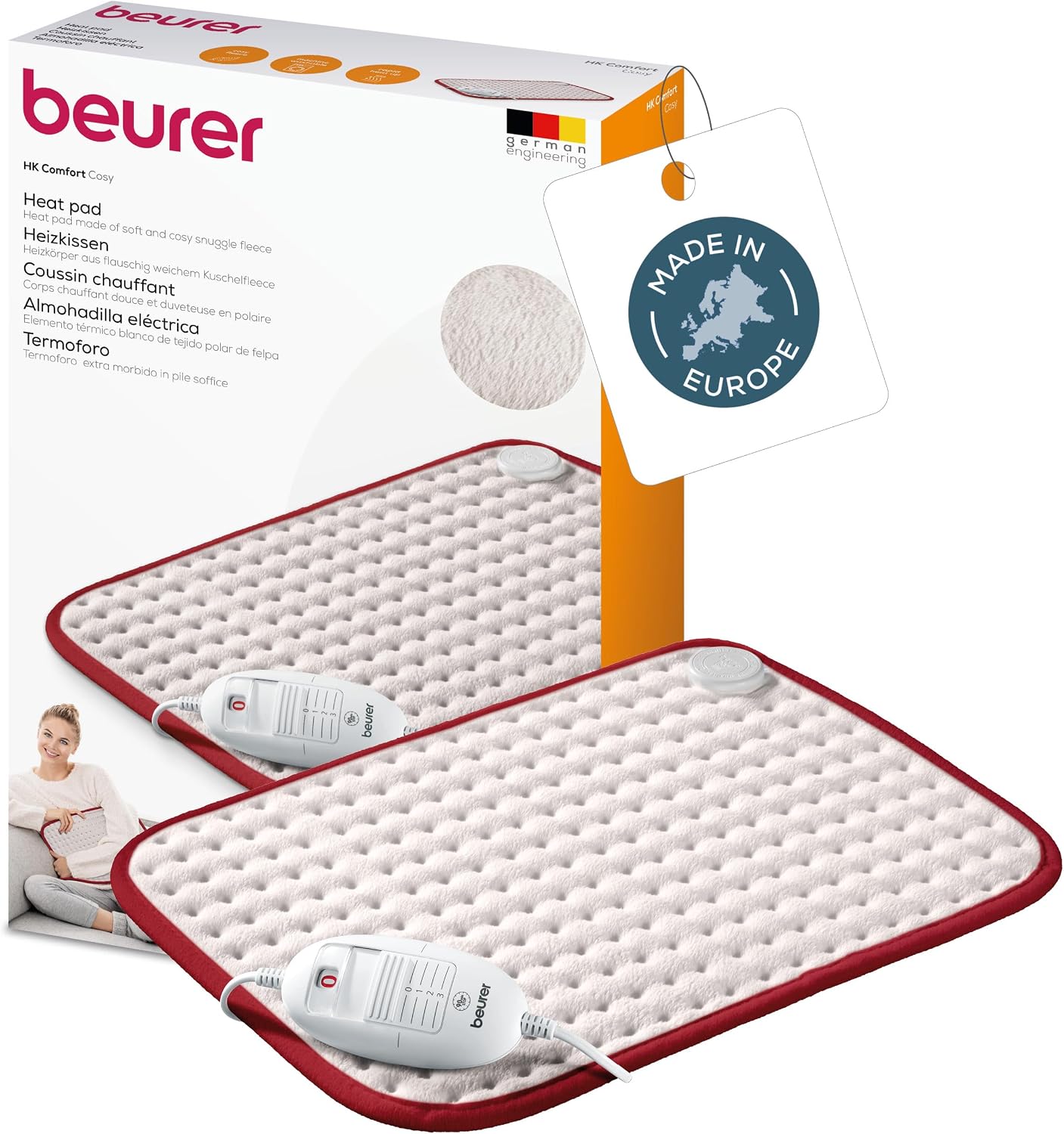 Beurer HK 41 Almohadilla eléctrica, esterilla térmica de peluche con 3 ajustes de temperatura y desconexión automática, lavable a máquina, fabricada en Europa, blanco / gris