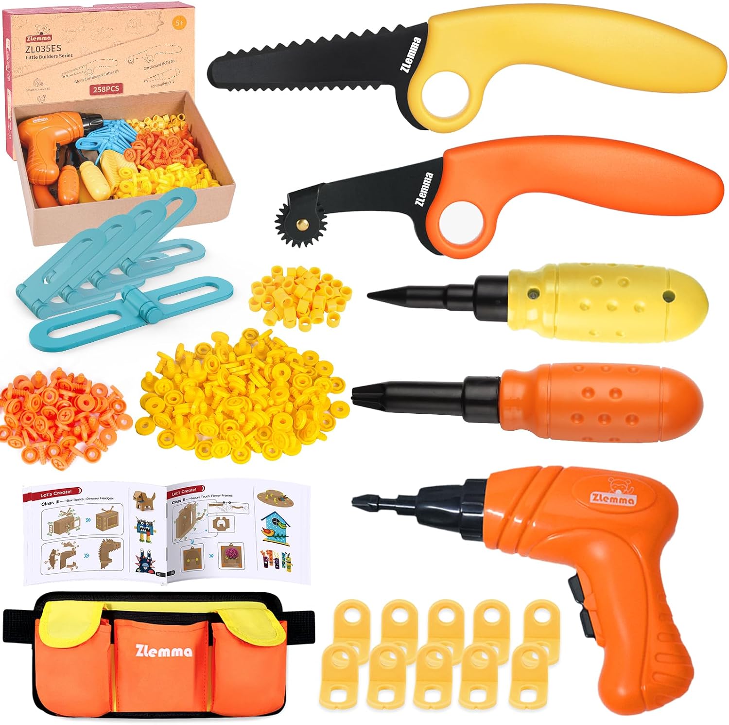 Kit de construcción de cartón para niños, 258 piezas, juego de herramientas con taladro, sierra de seguridad, rodillo plegable, bisagras y tornillos, juego creativo de manualidades con bolsa de