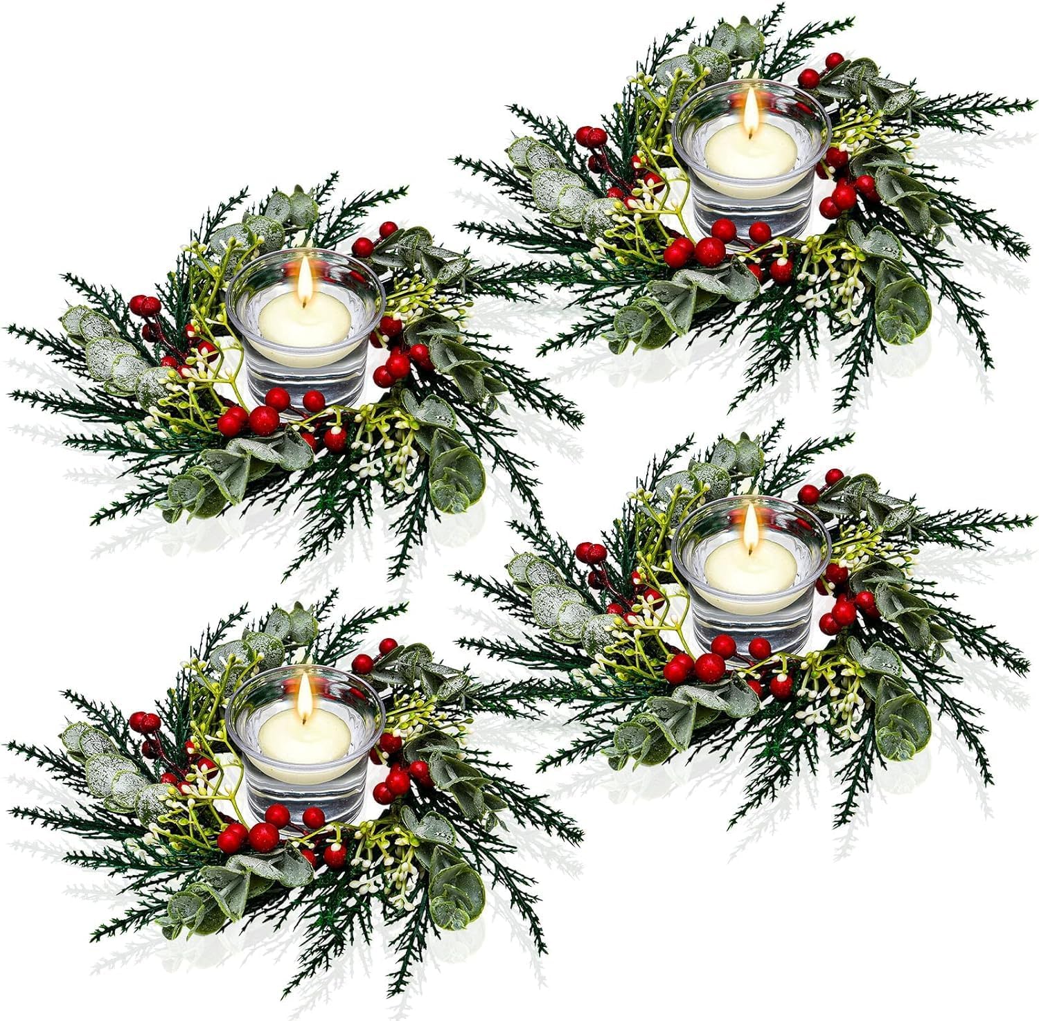 LATERN 8 Piezas Anillos de Velas Navideñas, 20CM Corona de Frutos Rojos Artificiales Anillo de Vela con Agujas de Pino Nevado para Pilares Rústico Boda Central Puerta Principal Navidad Mesa Decoración