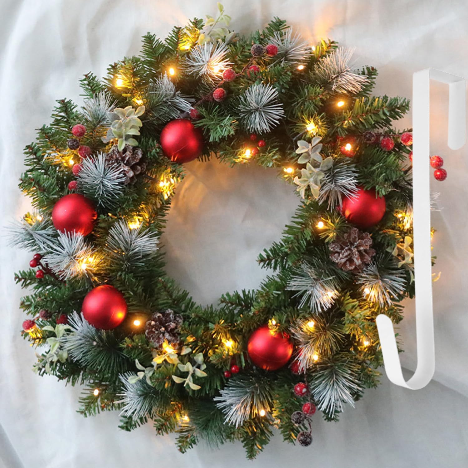 Guirnalda navideña de 40 cm, decoración para puerta de entrada, con luces LED y gancho, guirnaldas artificiales para ventana, chimenea, decoración navideña de pared, para interior y exterior,