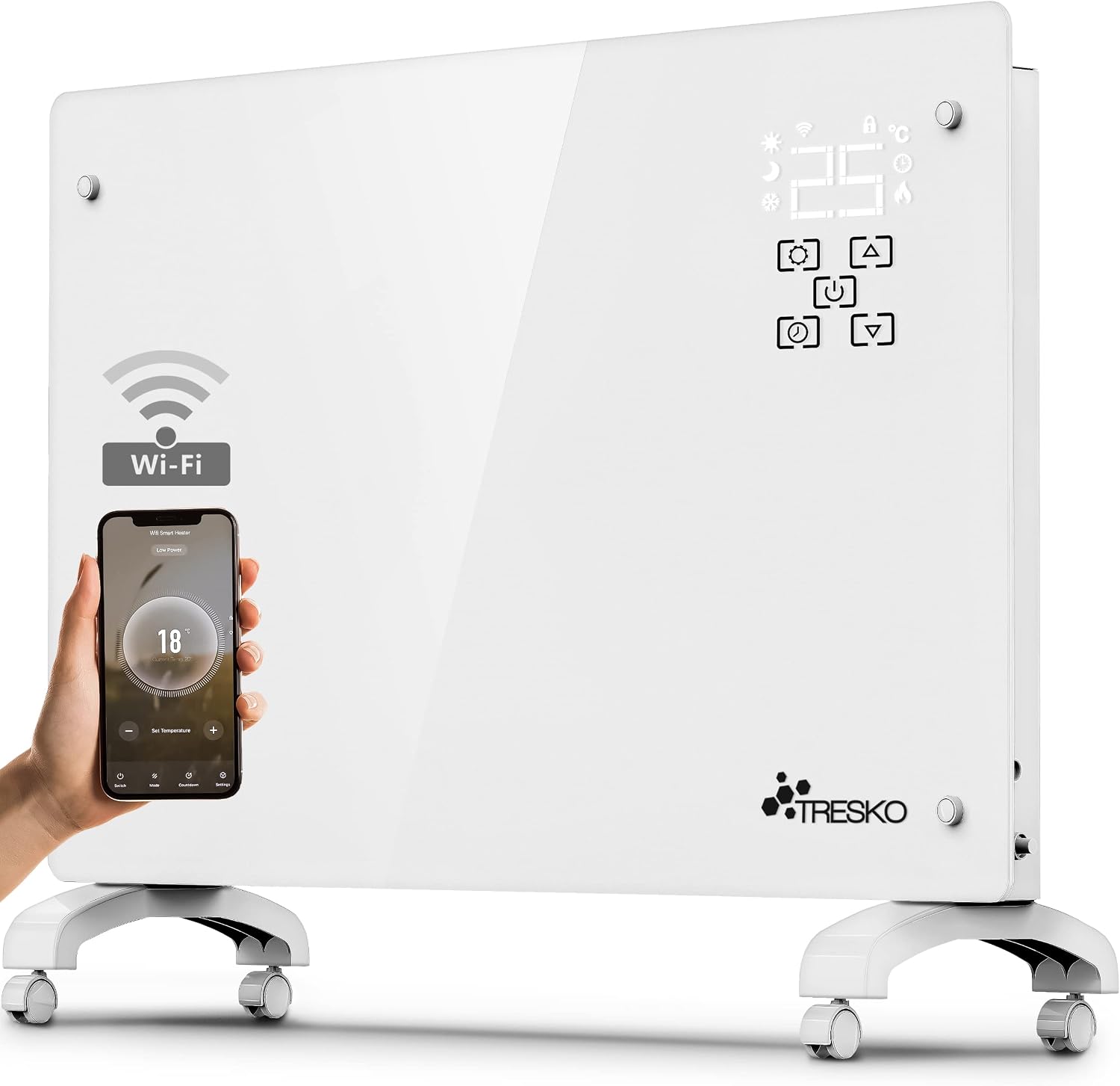 TRESKO Radiadores Bajo Consumo Electricos WiFi & APP - 2000W | Estufa Electrica con Ruedas | Radiador Electrico Silencioso | Portátil y Delgado, Estufas con Panel para Pared y Termostato para Casa