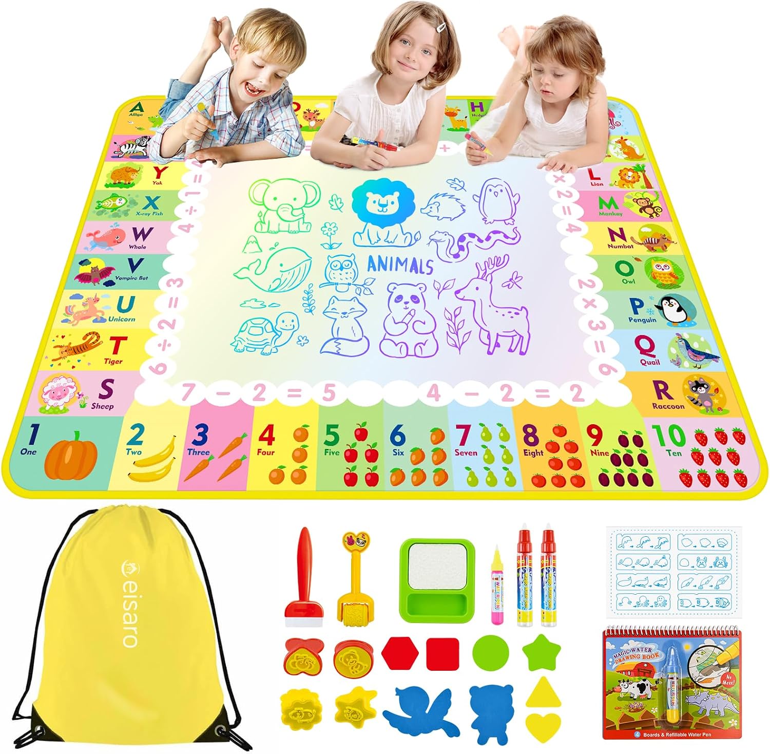 Alfombra para Pintar con Agua, Pizarra Mágica Reutilizable 110x70 cm – Juguete Educativo de Aprendizaje Temprano para Niños de 2 a 6 Años, Regalo sin Tinta ni Mancha con 4 Bolígrafos y Libro de Dibujo