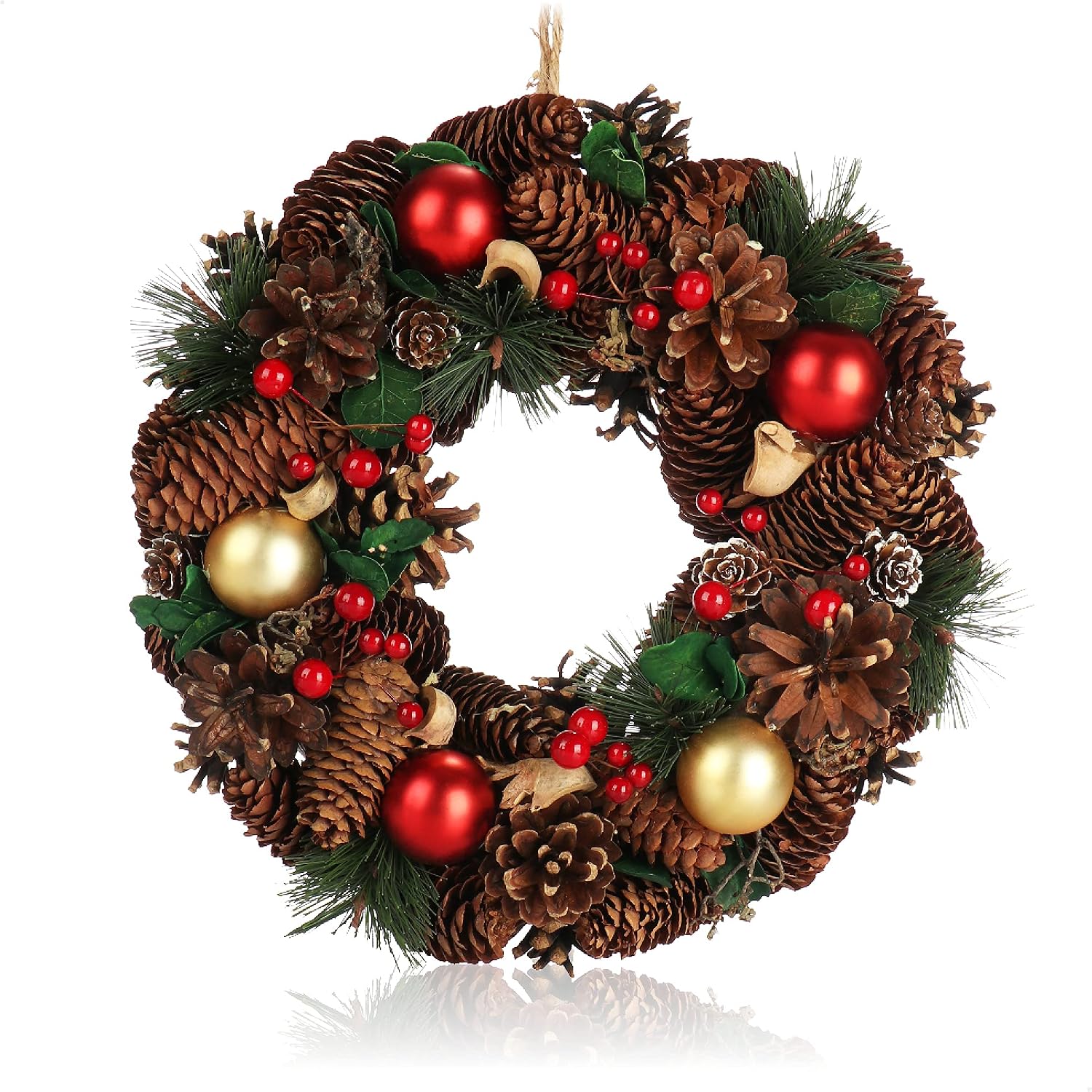 COM-FOUR® Corona de Adviento con piñas y bolas de árbol de Navidad
