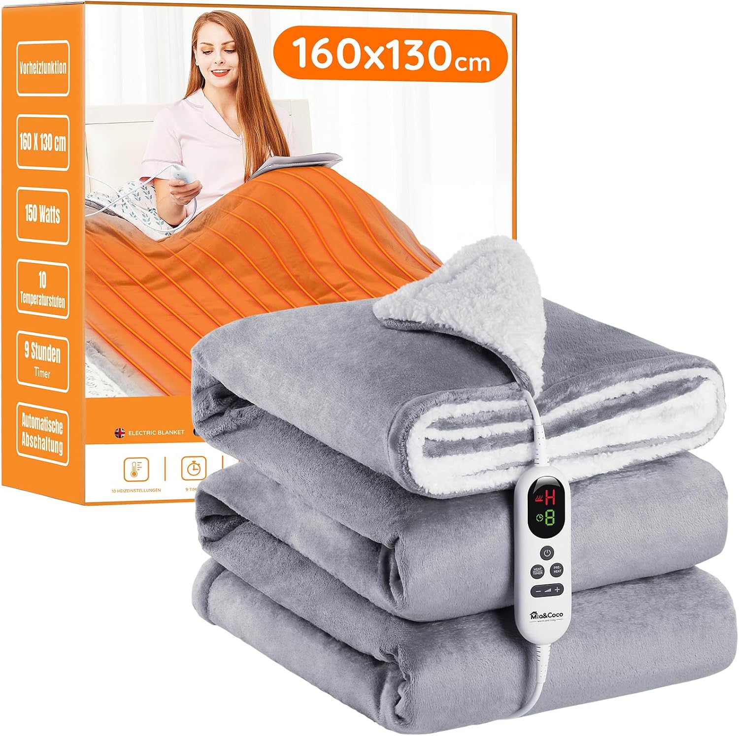 Manta Eléctrica Grande Térmica para Cama 180x200cm 10 Niveles de Calor y Temporizador de Apagado Automático de 1~9 Horas para Protección, Pantalla LED, para Cama Hogar y Oficina, Franela Lavable,Gris
