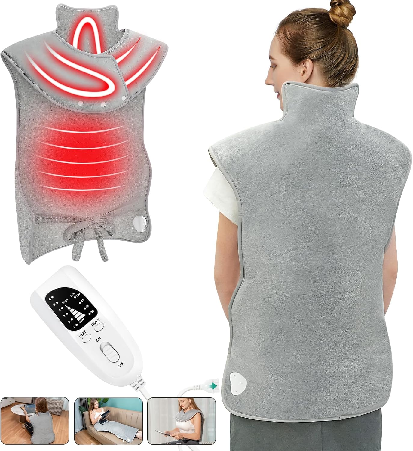 Cojín térmico para espalda, hombros y cuello, con apagado automático, lavable a máquina, 6 niveles de temperatura, con 4 temporizadores, almohadilla térmica para la espalda (100 x 60 cm)