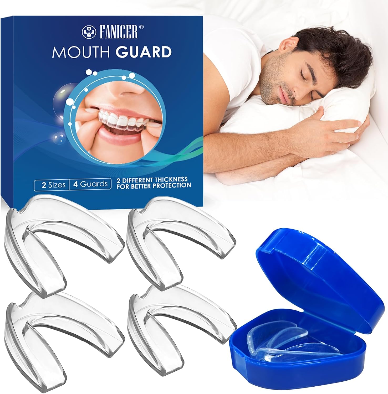 4 Piezas Ferula Descarga Bruxismo, 2 Tamaños Kit De Protección Dental, Reutilizables Protector Dental para el Rechinar de los Dientes, Mejora la Del Sueño, Disfruta de un Sueño Tranquilo