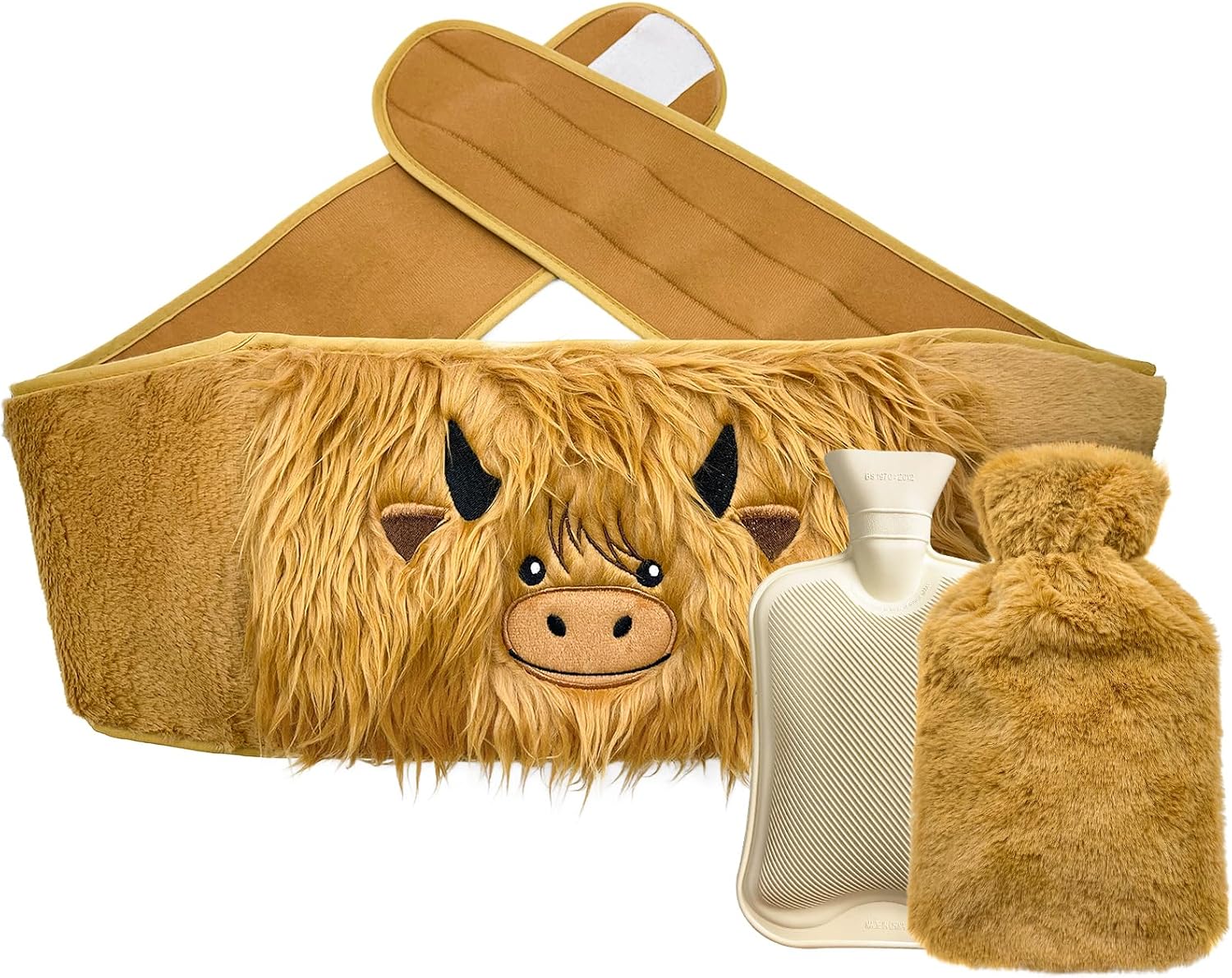 Bseical Bolsa de agua caliente con cinturón, bolsa de agua caliente con funda, almohadilla térmica para abdomen, espalda, hombros, cuello, tamaño grande, color marrón, moderna, sin látex, portátil, 1