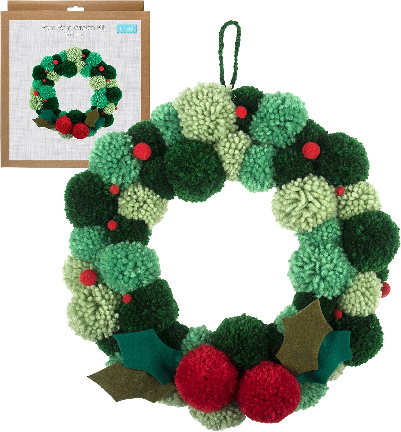 Trimits Kit de Corona de Pompones Verdes, Haz Tus propias Decoraciones de Navidad, Guirnalda de Puerta Delantera, Corona de otoño de 31 cm