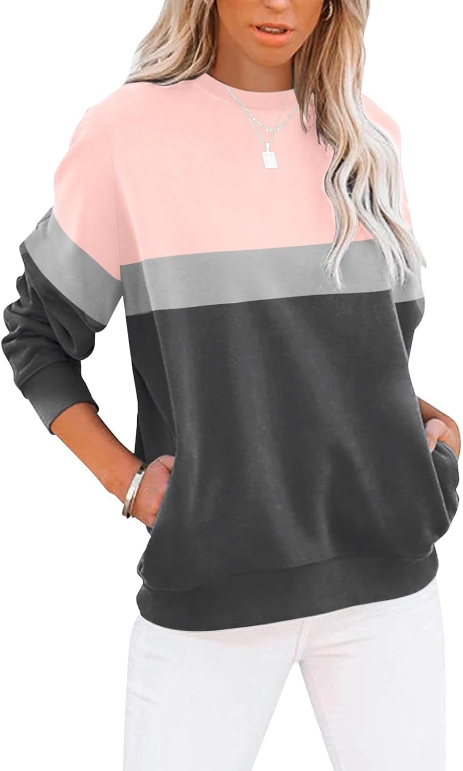 Cuptacc Sudadera Mujer sin Capucha Camiseta Mujer Cuello Redondo Manga Larga con Bolsillos T Shirt