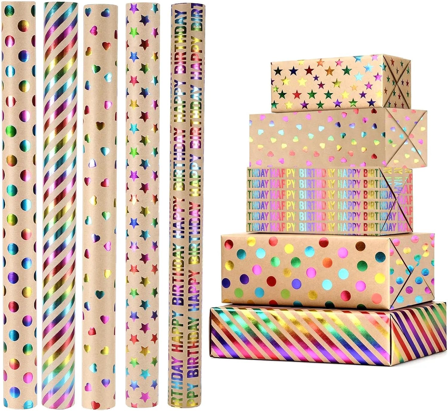 Freyeeti 5 Rollos Papel Regalo Cumpleaños 43x300cm Kraft con Cinta 2 Caras