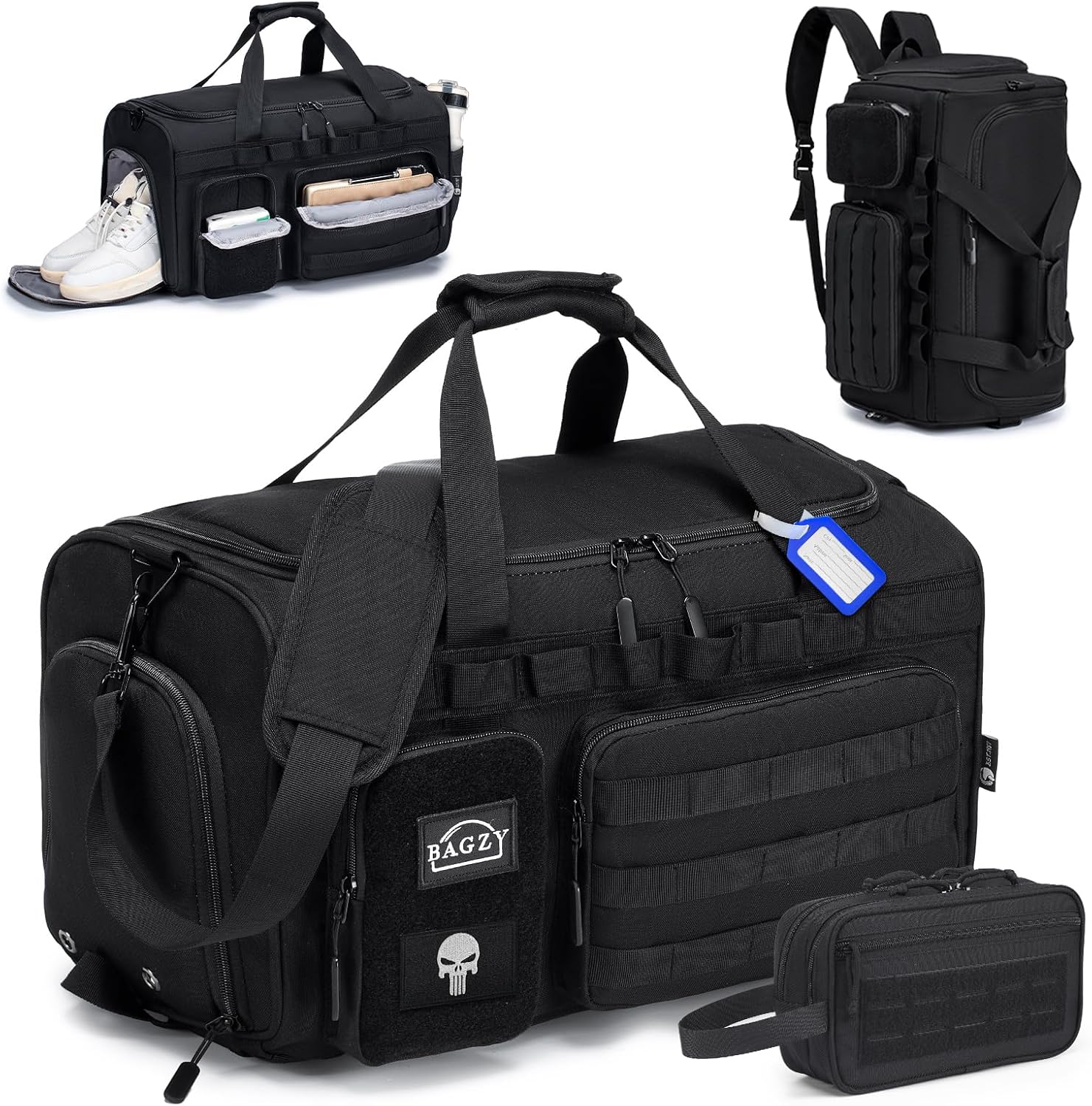 BAGZY Bolsa Deporte Hombre 55 litros 3 en 1 Mochila Gimnasio Táctica Militar Bolsa de Viaje Mujer Impermeable con Compartimento para Zapatos con Neceser de Viaje para Deportes Fitness Camping Negro