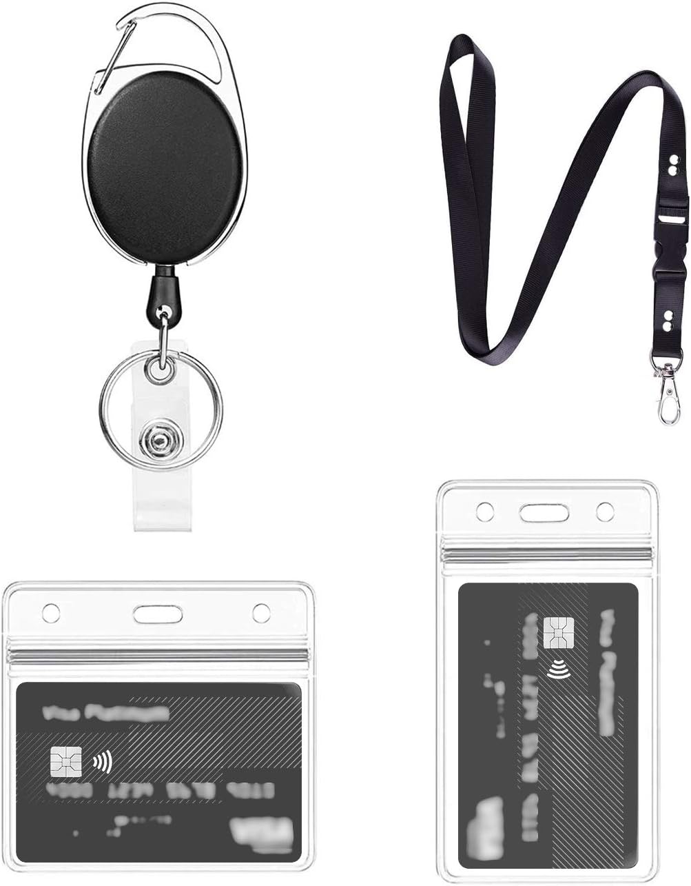 Porta Tarjetas Llavero Retractil y Lanyard,1 Juego Incluye - llavero extensible retractil, Lanyard y funda tarjeta identificación a prueba de agua, para cordón, (A01)