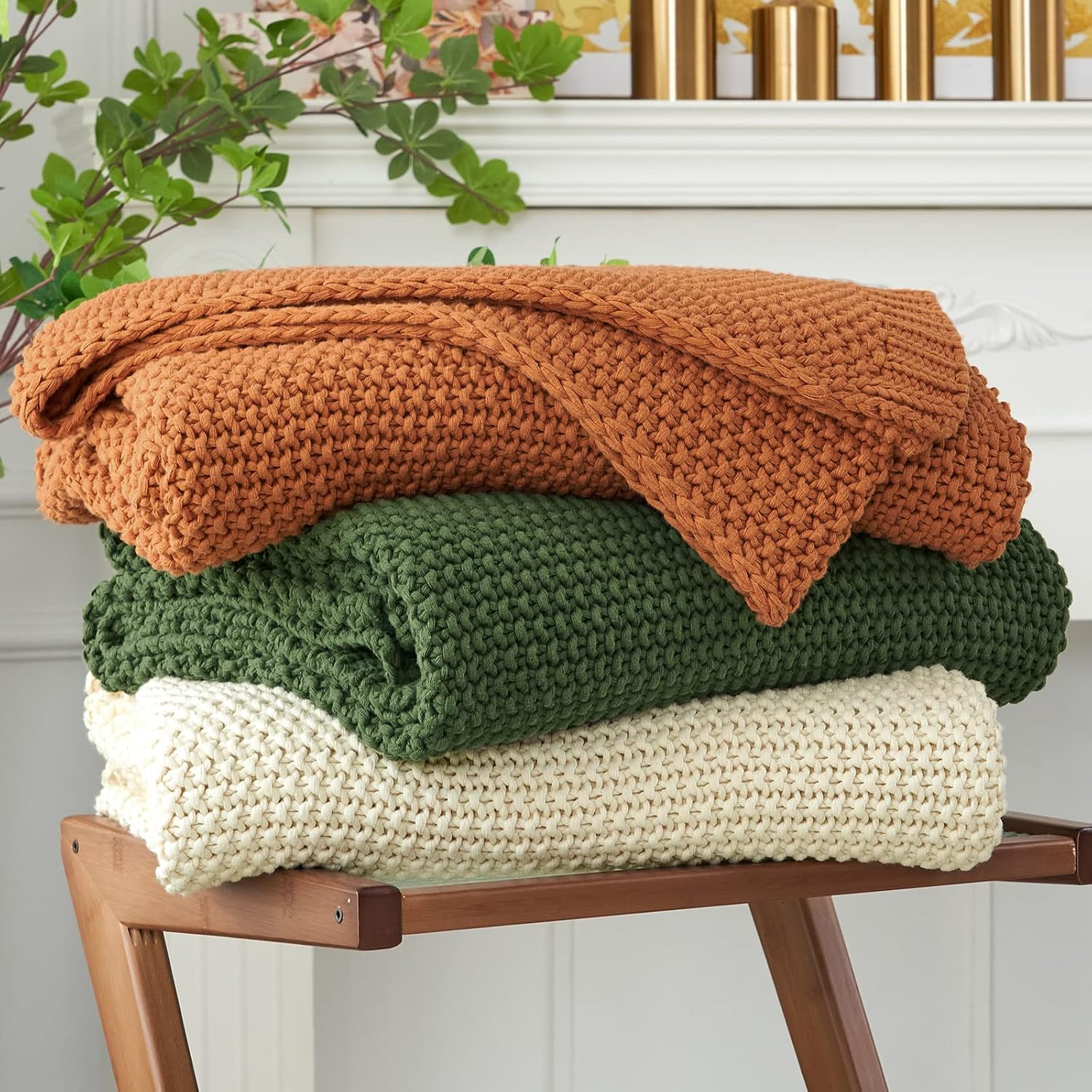 Longhui Bedding Manta de Punto Trenzado Grueso, Ligera, 100% algodón orgánico, para sofá, Cama, habitación del bebé, rústica, desgastada, Moderna, Granja, 51 x 63 Pulgadas, Bolsa de Lavado