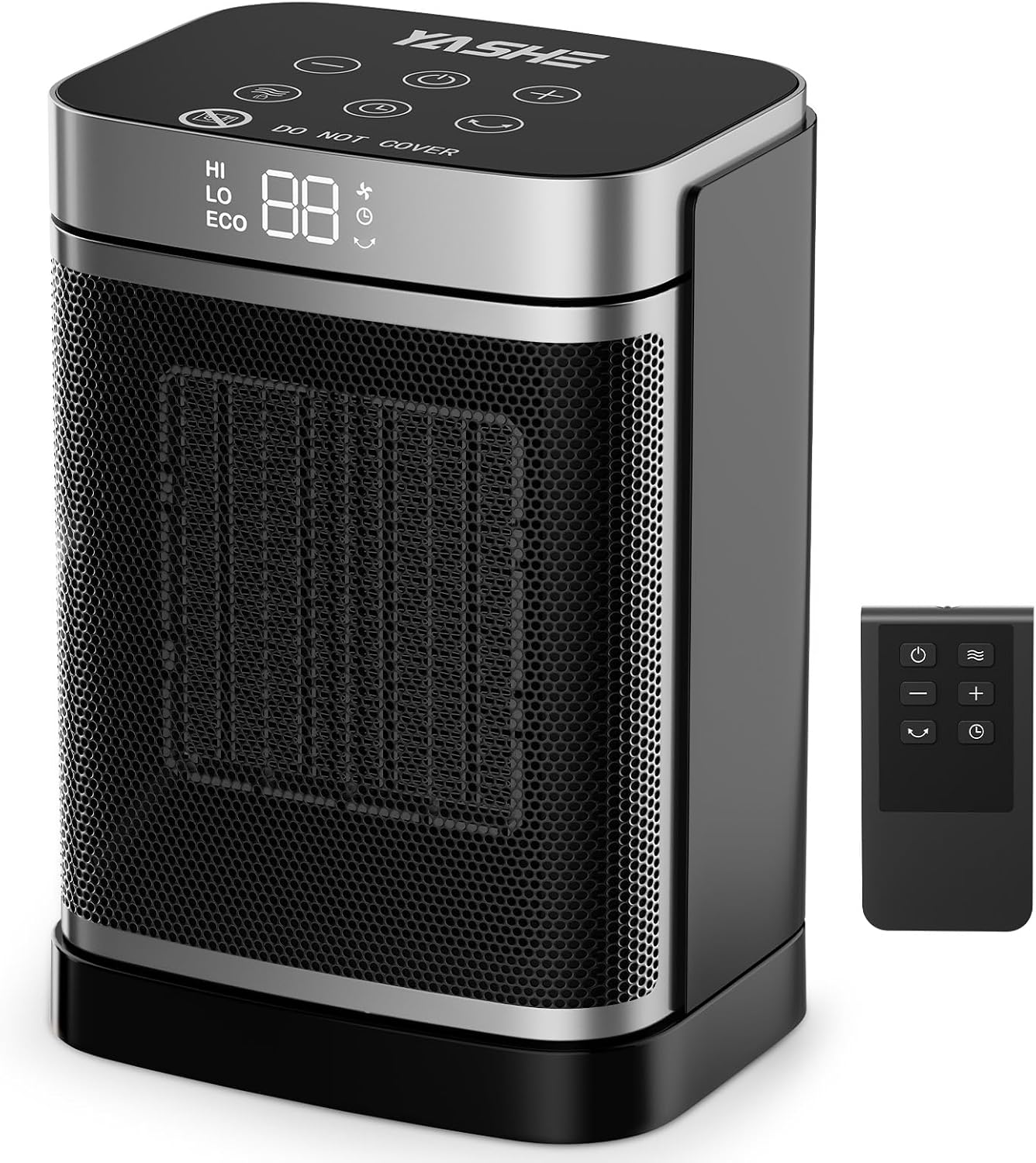 YASHE Calentador Eléctrico PTC de 1500 W con ventilador y ahorro de energía, oscilación de 70°, termostato, control remoto, protección contra sobrecalentamiento y vuelco, temporizador de 1 a 24 h