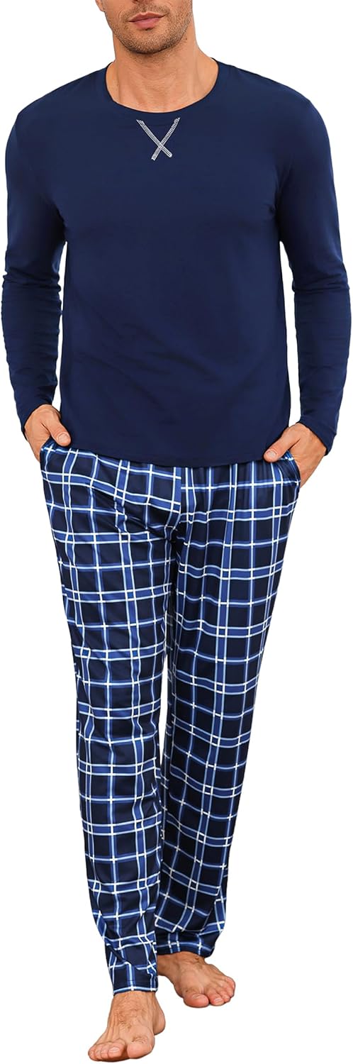 Demegimi Pijama Hombre Invierno Algodon Manga Larga Conjunto de Pijamas a Cuadros Ropa de Dormir Talla Grande