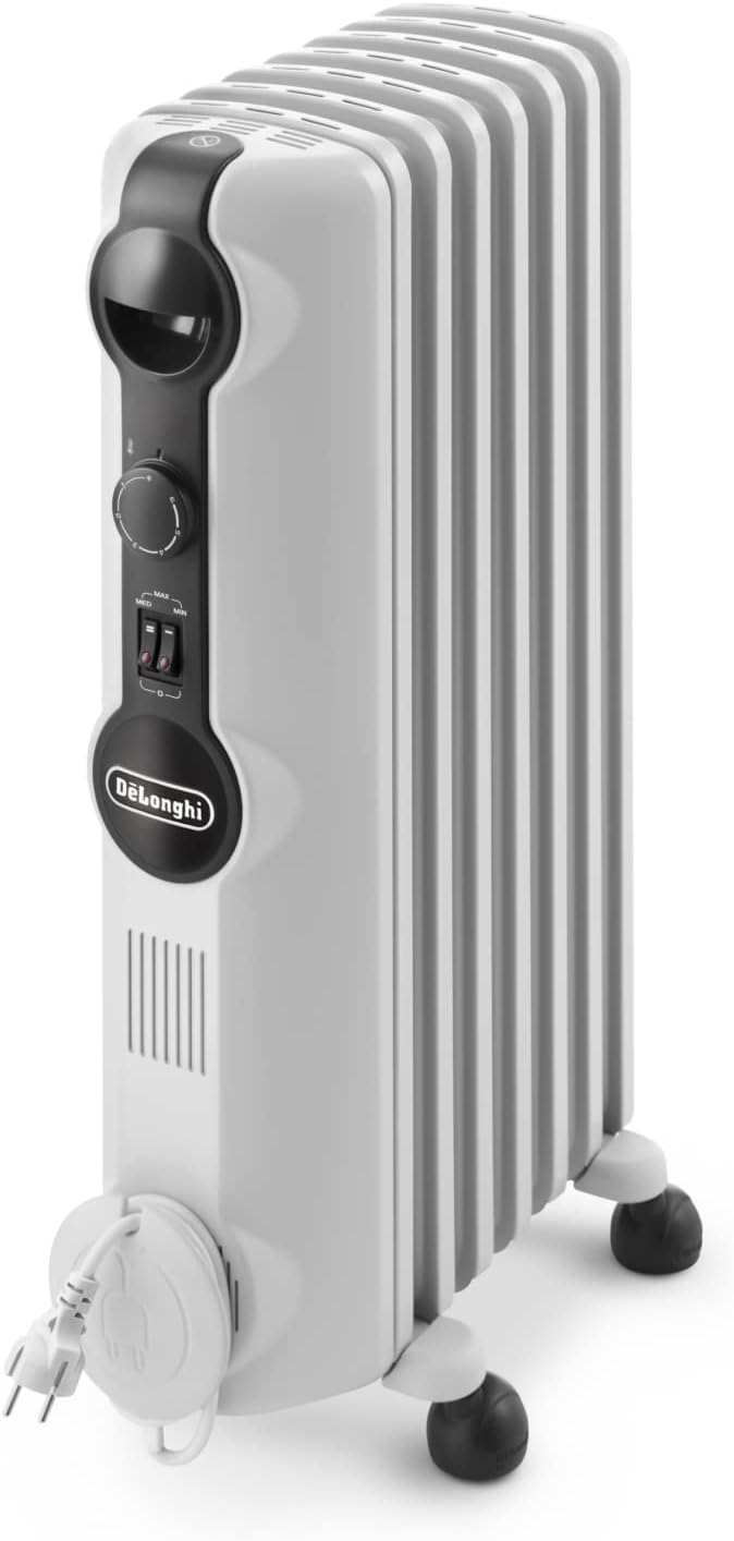 De'Longhi Radia S – Radiador de Aceite para Estancias de Hasta 45 m³, Calefactor Eléctrico con Termostato de Seguridad, 7 Aletas, Función Antiheladas, Portátil, 1500W, Blanco (TRRS0715)