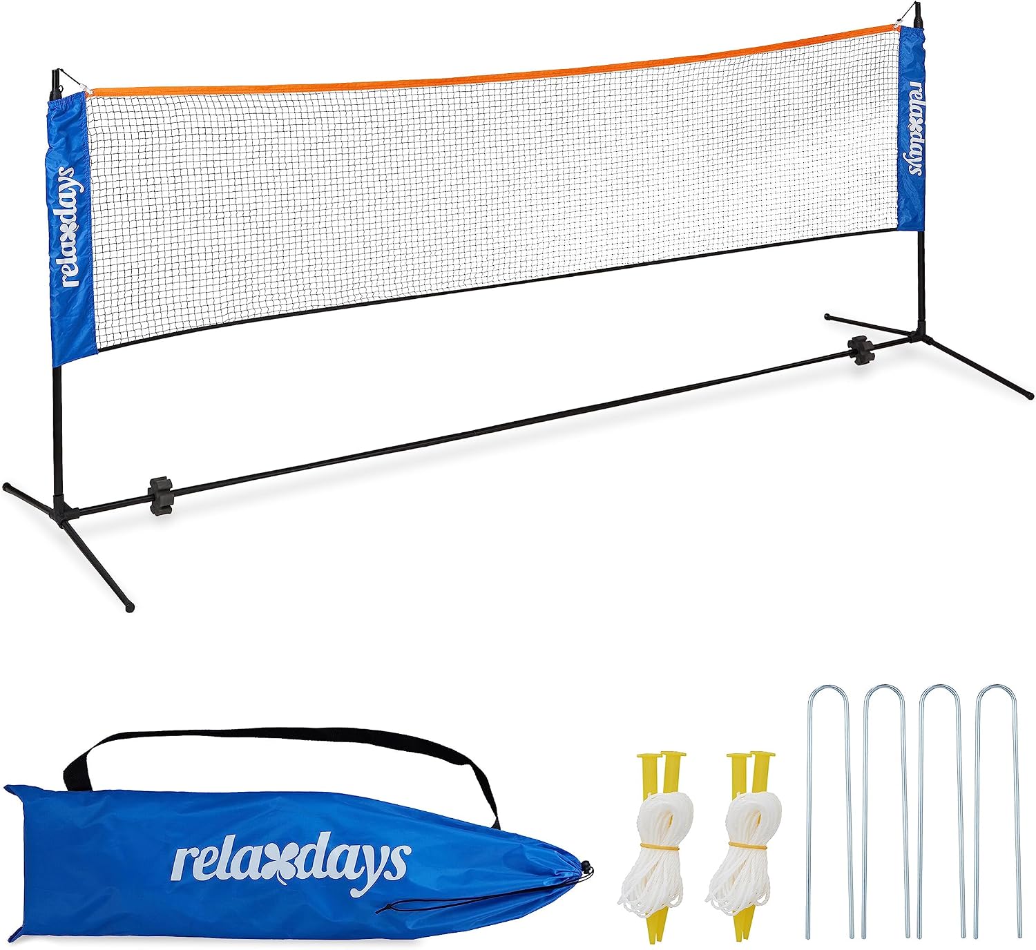 Relaxdays Red Bádminton, Altura Regulable hasta 225 cm, Minired Tenis o Vóleibol, Soporte, Bolsa Transporte, Negro/Azul
