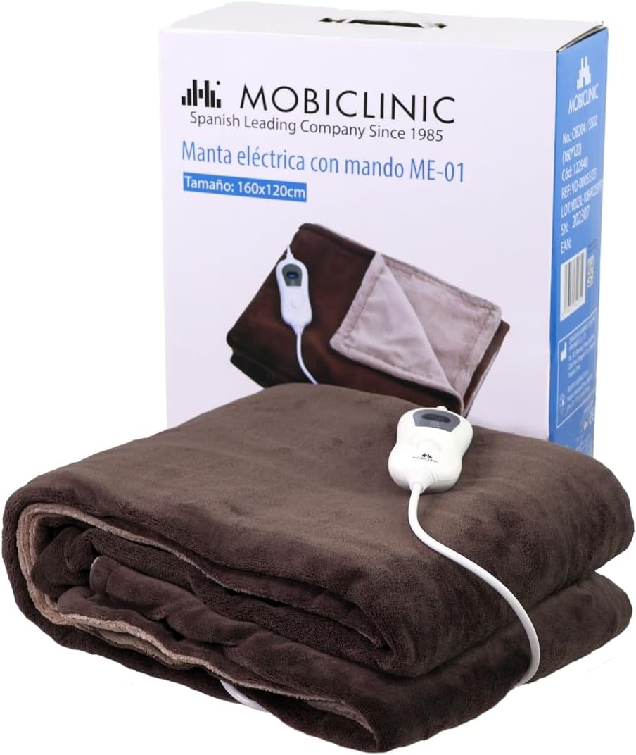 Mobiclinic, Manta eléctrica, 160x120 cm, Temperatura regulable, Muy bajo consumo, 100w, Apagado automático, Lavable, Térmica con mando, 3 ajustes de calor, Calentamiento rápido, Marrón