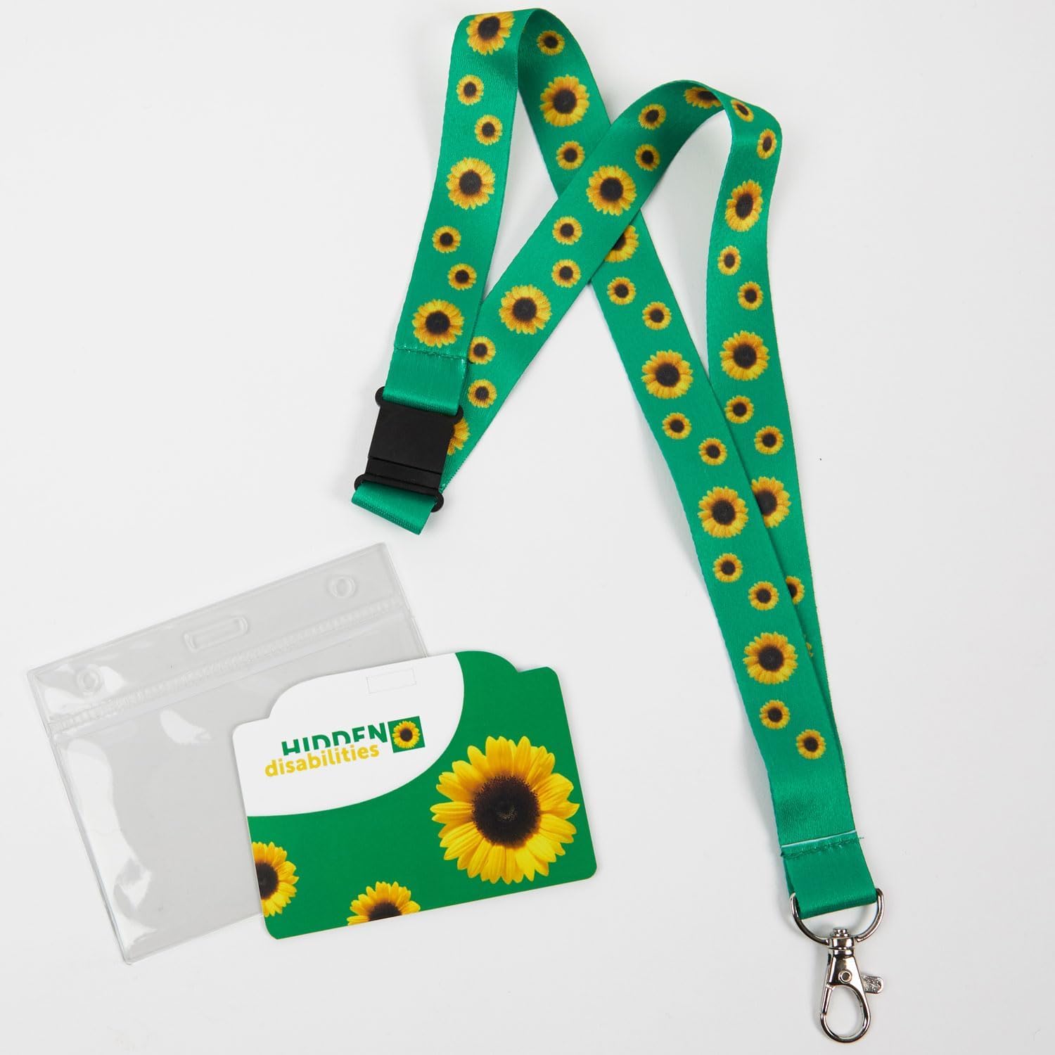 Hidden Disabilities Sunflower, Collar de girasol Discapacidad no visible con Tarjeta de Concienciación en Ingles | 1 Set con Portatarjeta y Cierre de Seguridad