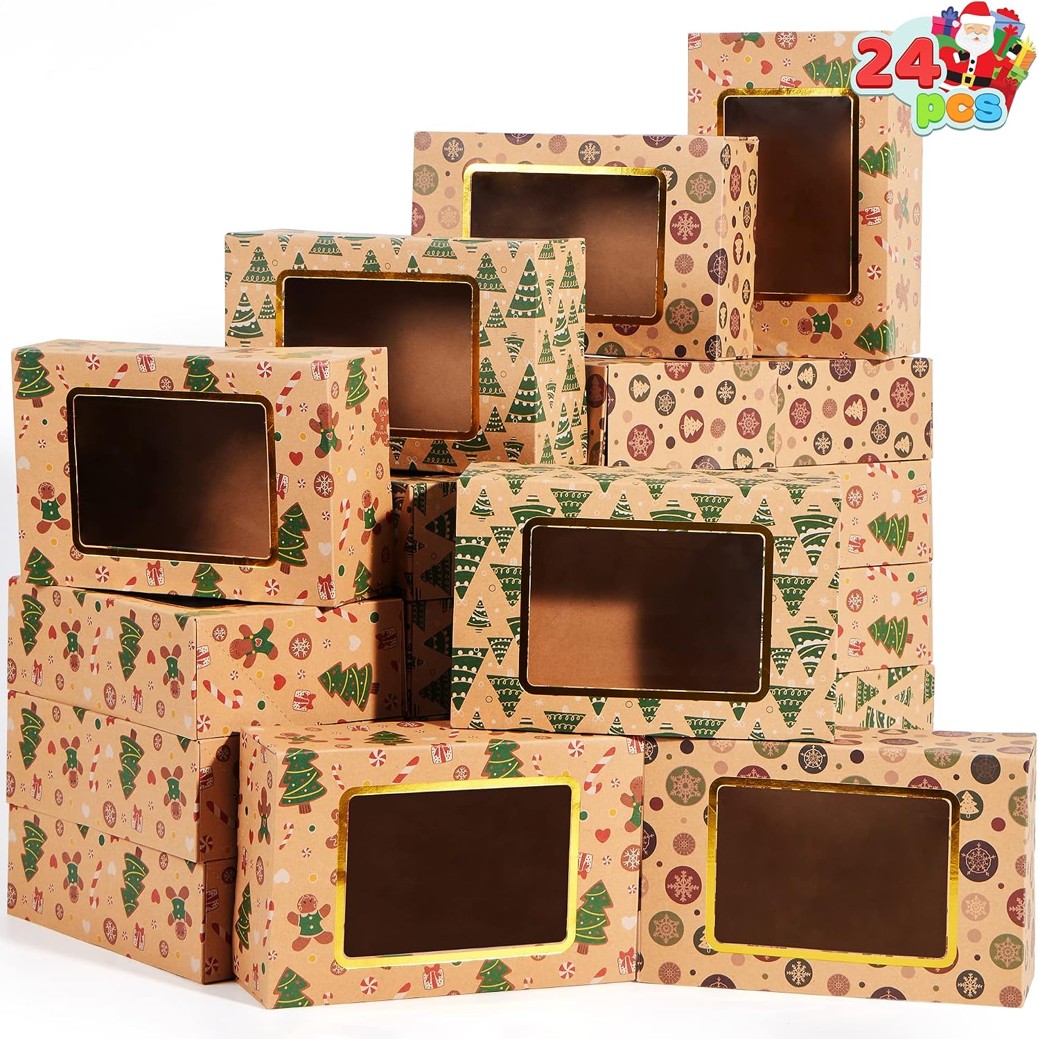 JOYIN 24 Cajas de Galletas de Navidad con Ventana, Cajas de Regalo para Donut y Galletas, Cajas de Panadería Marrón Kraft con 3 diseños para Pasteles, Cupcakes, 22,2 x 14,2 x 7 cm