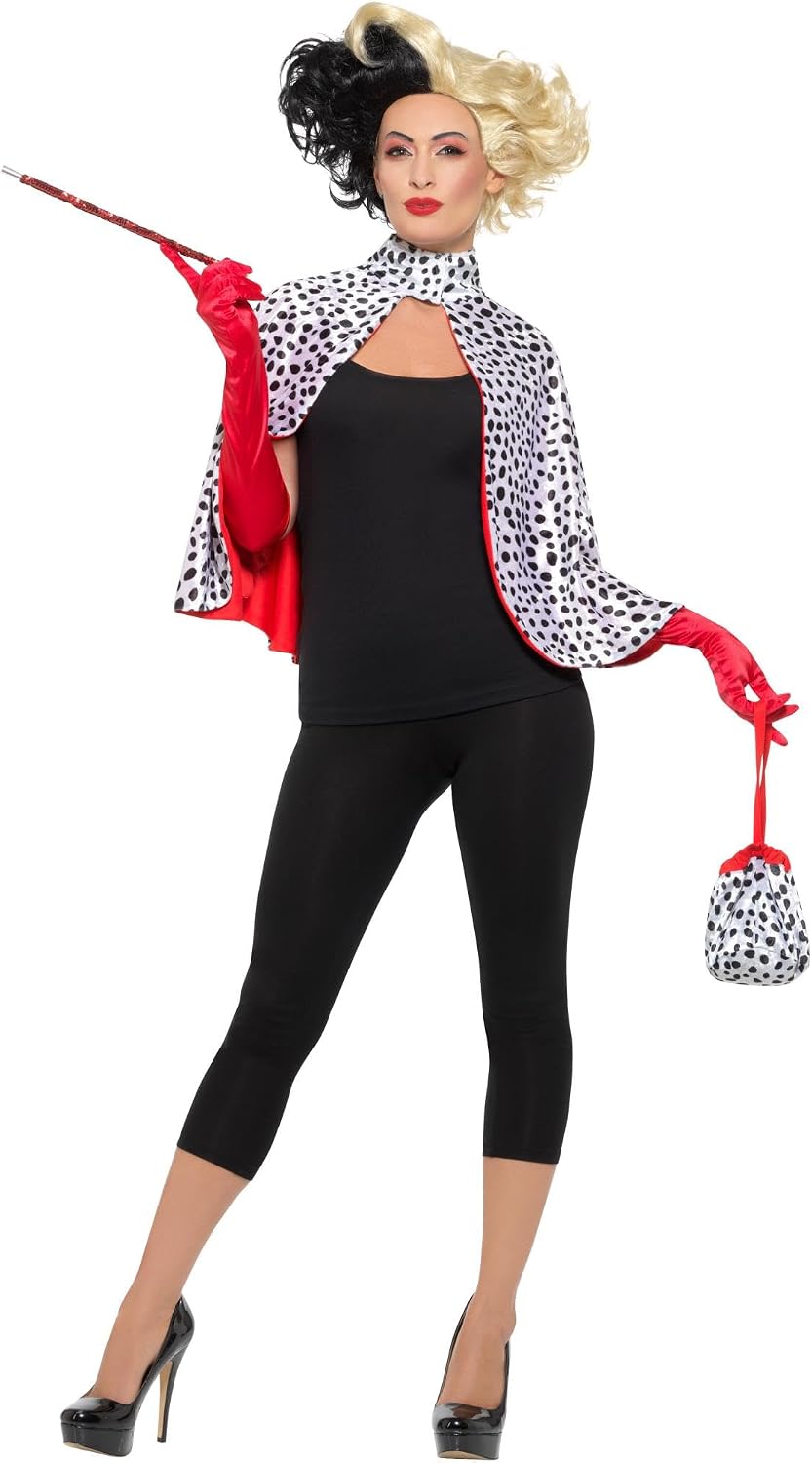 Smiffys Kit de Madame Malvada Deluxe, Blanco y Negro, con Capa, Bolsa, Guantes y Boquilla Halloween, Carnaval