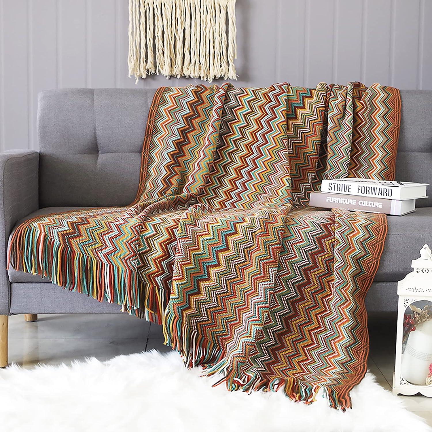 LumiSyne Manta De Punto con Flecos Pata De Gallo Bohemio Cuadros Comoda Suave Cubresofa Cubrecama Manta Cubrecama Decorativa para Sofá Cama 170x130cm