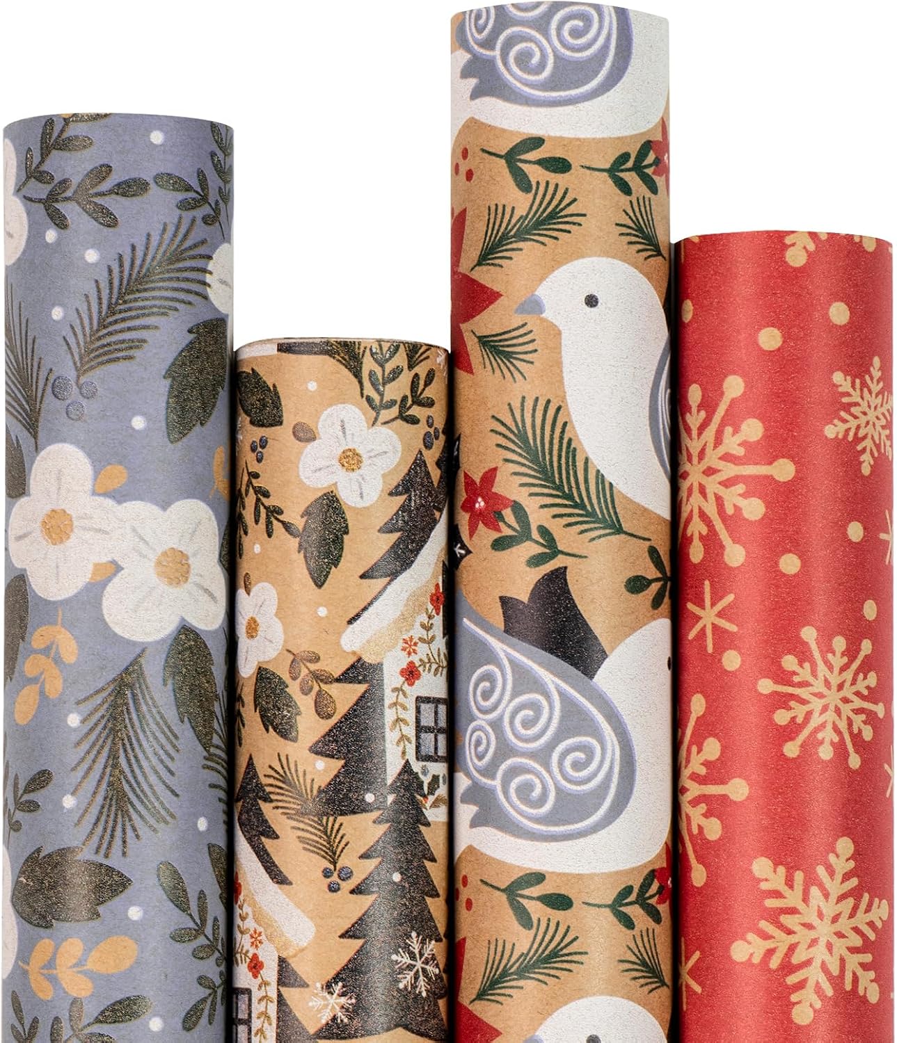 RUSPEPA Papel De Regalo Navidad - Papá Noel, Muñeco De Nieve, Árbol De Navidad Y Diseño De Campana - 4 Rollos - 43.5x305 cm Por Rollo