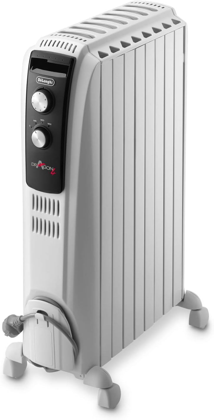De'longhi Dragon TRD04 0820 - Radiador de aceite, 2000 w, función anti heladas, 3 ajustes potencia, asa y ruedas, almacenamiento cable, blanco