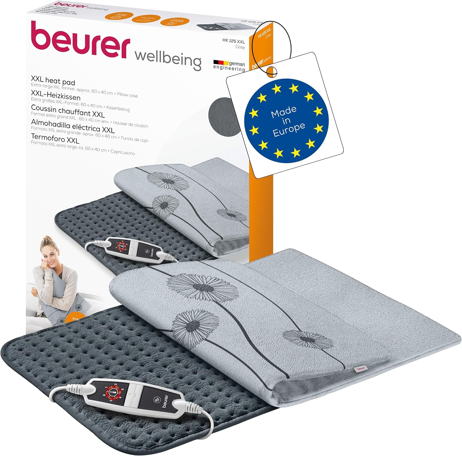 Beurer HK 123 Cosy Grey Almohadilla Eléctrica, Parte Superior e Inferior de Acogedor Material Reciclado, 6 Ajustes de Temperatura y Desconexión Automática, Lavable a Máquina, 60 x 30 cm