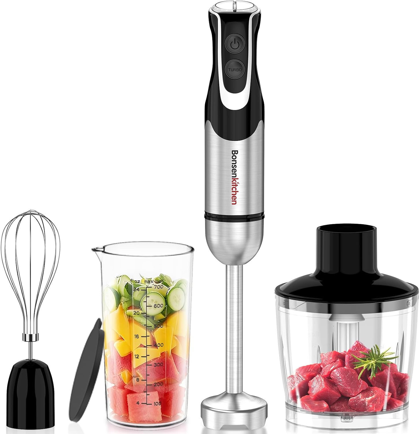Bonsenkitchen Batidora de Mano 4 en 1, 1000W, Acero Inoxidable