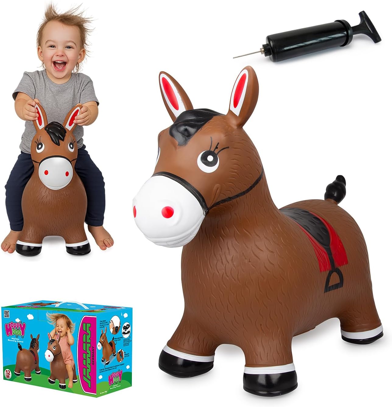 Jamara 460597 - Animal Saltarín Caballo Marrón con Bomba – Peso hasta a 50 kg, Orejas como Soporte, Resistente, Promueve el Sentido del Equilibrio, Simple de Limpiar