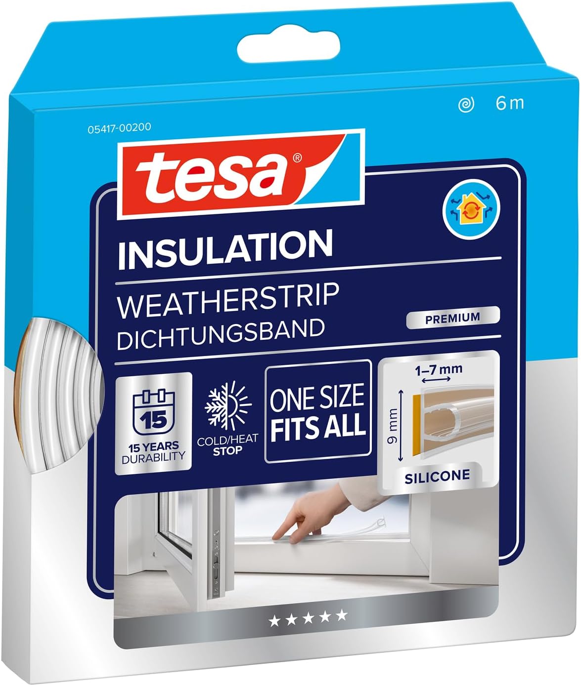 tesamoll Silicona PREMIUM FLEXIBLE, Tira de Silicona Adhesiva para Sellar Brechas de Ventanas y Puertas, Transparente, 6 m x 8 mm x 7 mm