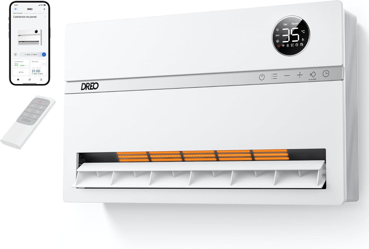 DREO Calefactor smart de pared, radiador eléctrico de bajo consumo 2000W, oscilación vertical de 120°, termostato, control remoto, temporizador de 24H, fácil montaje, compatible con Alexa, WH719S